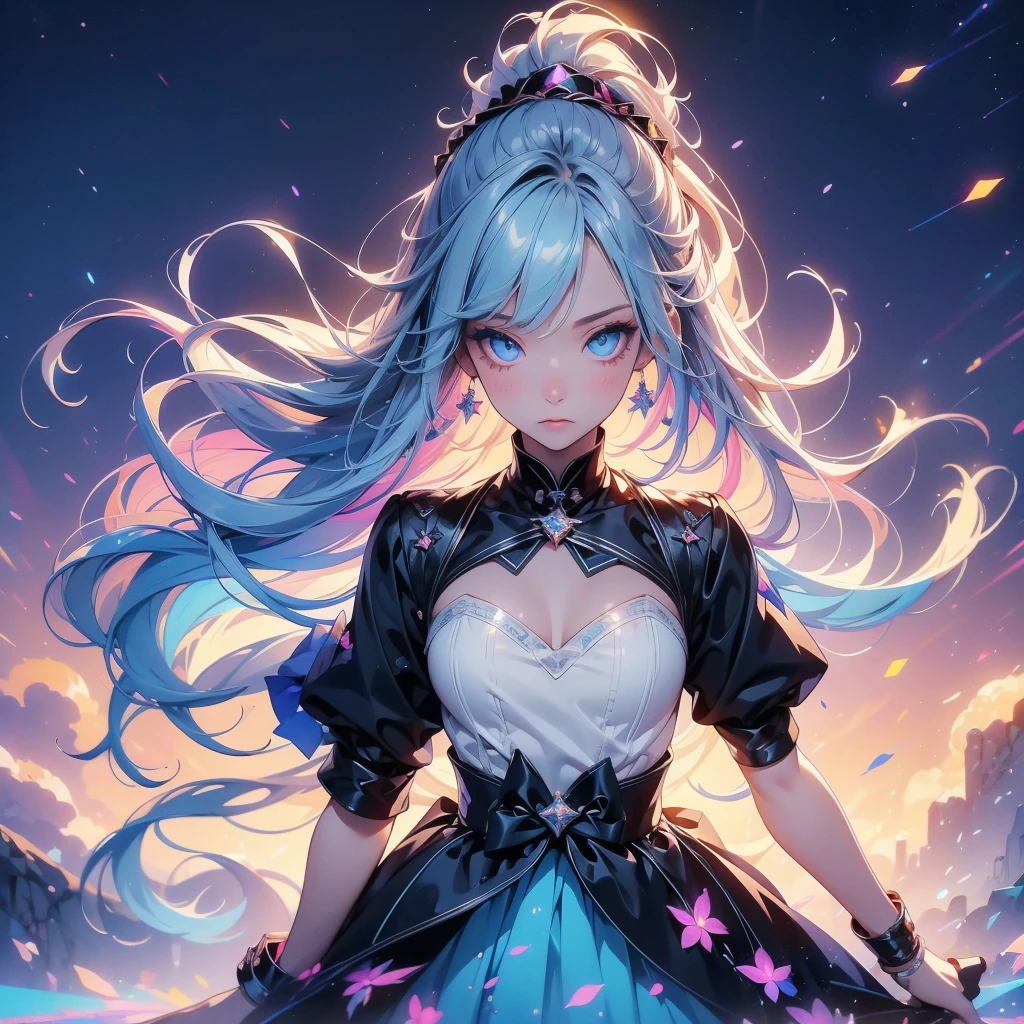 1 person, 20-year-old girl, One person, (Silver Hair), Long pointed ears、Elf、(Gradient sky blue hair tip:1.6), hair, Ridiculously long hair, Single Side Lock, Wavy Hair, Shine髪, Floating Hair, (Fantastic deep purple eyes), Delicate eyes, Aqua Eye, Very fine eye, Long upper eyelashes, ((Glowing Eyes)), compensate, Focus on the face, Highly detailed facial, Pretty face, Perfect breasts, Hot body, (Delicate skin texture:1.2), break, White extra long skirt, Fashion Clothing, necklace, Technical clothing masterpiece, on the road, Gazing at the starry sky, meteor, cyber punk, Detailed Background, The perfect layered cut, clean focus, (magazine:1.3), (Cover Style:1.3), Octane Rendering, Tyndall effect, Real, Dark studio, Side light, 2-color illumination, realism, Chiaroscuro, (Shine光), Shine, Ray Tracing, Cinema Lighting, Futurism, Motion Blur, Atmospheric perspective, Depth of written boundary, Bokeh, Highest quality, 超High resolution, Super Detail, masterpiece, High resolution, Accurate, retina, Anatomically correct
