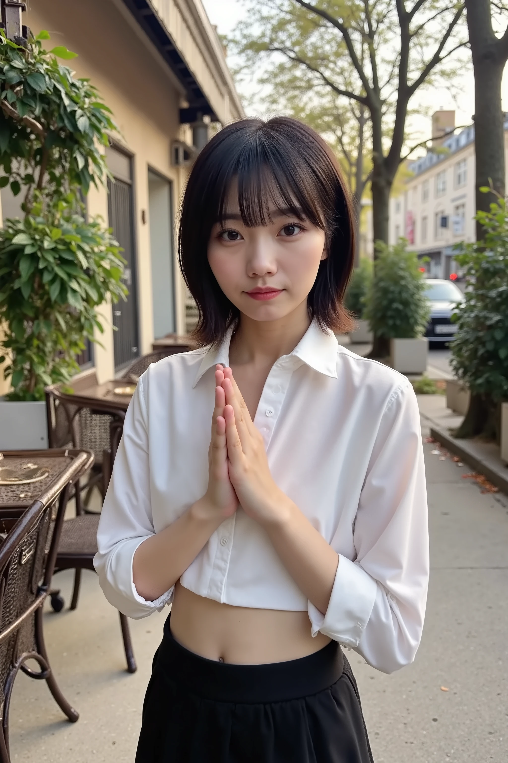 A Japanese young woman is standing naked, upper body shot, hiding nipples, blushing chest, hands holding her small breasts. outdoors, cafe terrace, in Paris,