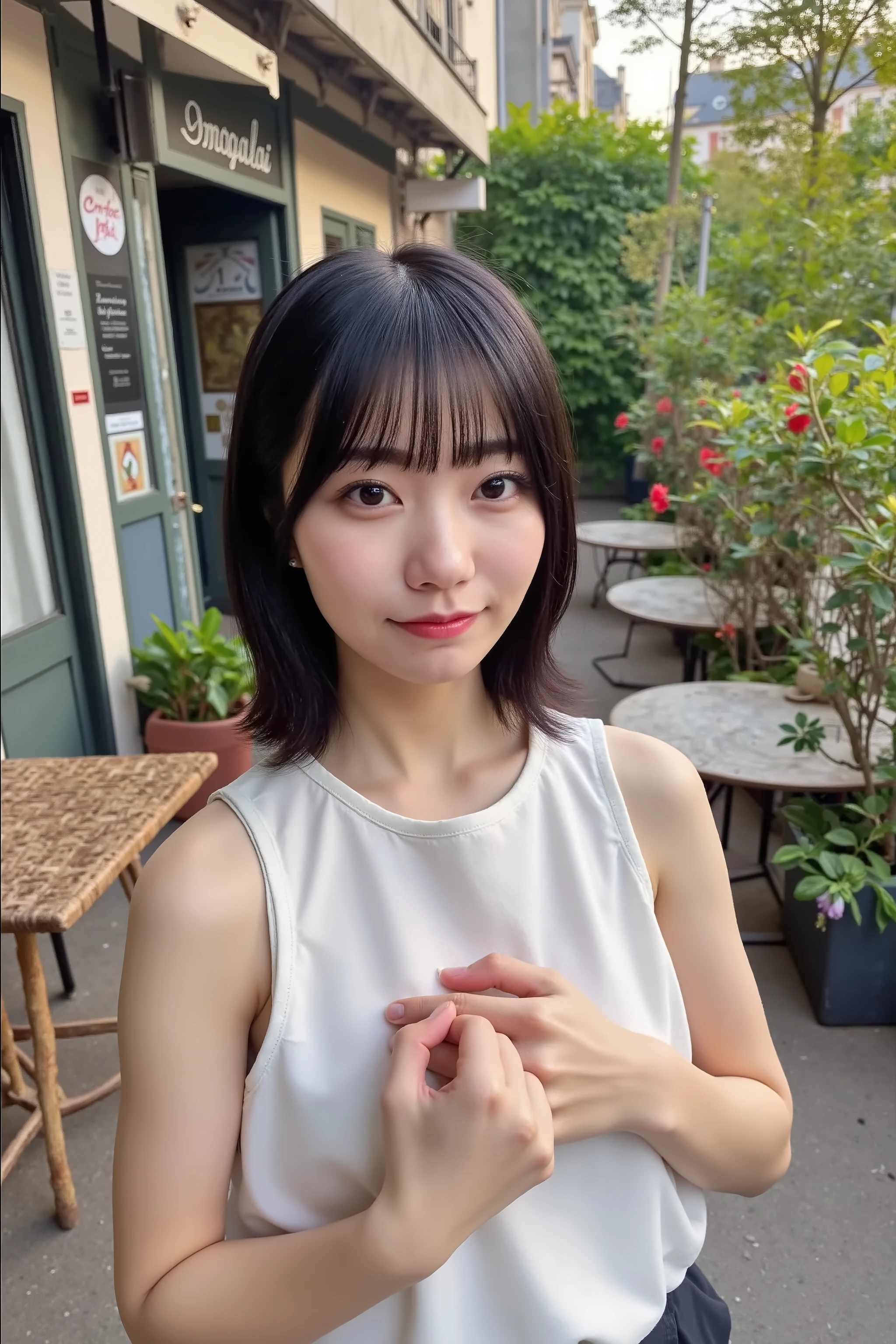 A Japanese young woman is standing naked, upper body shot, hiding nipples, blushing chest, hands holding her small breasts. outdoors, cafe terrace, in Paris,