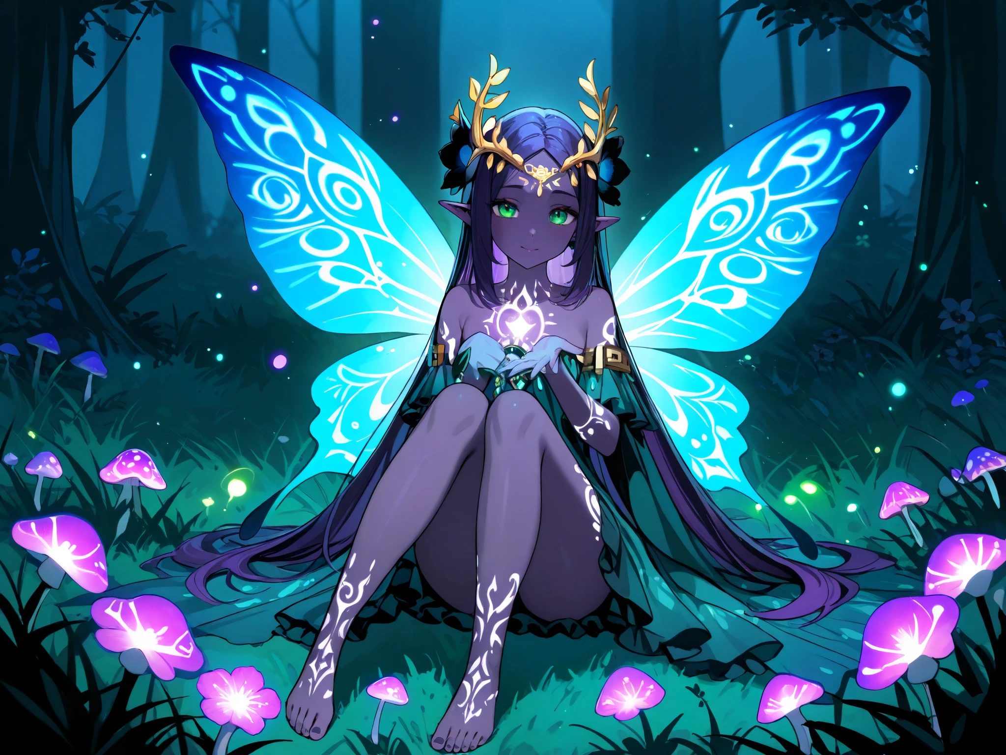 Cosmea is a dark faerie, she is a subject of the kingdom of fairies, Avalon. She lives on the edge of the Twilight Forest where it is always dusk, there are flowering trees and grass that have characteristic black and blue shades, and mushrooms and flowers have bioluminescence and are one of the few sources of light in that place, past fireflies and moonlight. Cosmea has dark purple skin with a pearl highlighter. she has luminous tattoos moon on her face arms and legs. She has long pointed ears. Cosmea has a petite asthenic physique. She has dark violet hair that is always combed back by the wind as she flies on her luminous butterfly wings all the time. She is dressed in a black floral mini dress woven from cobwebs and petals of black flowers.