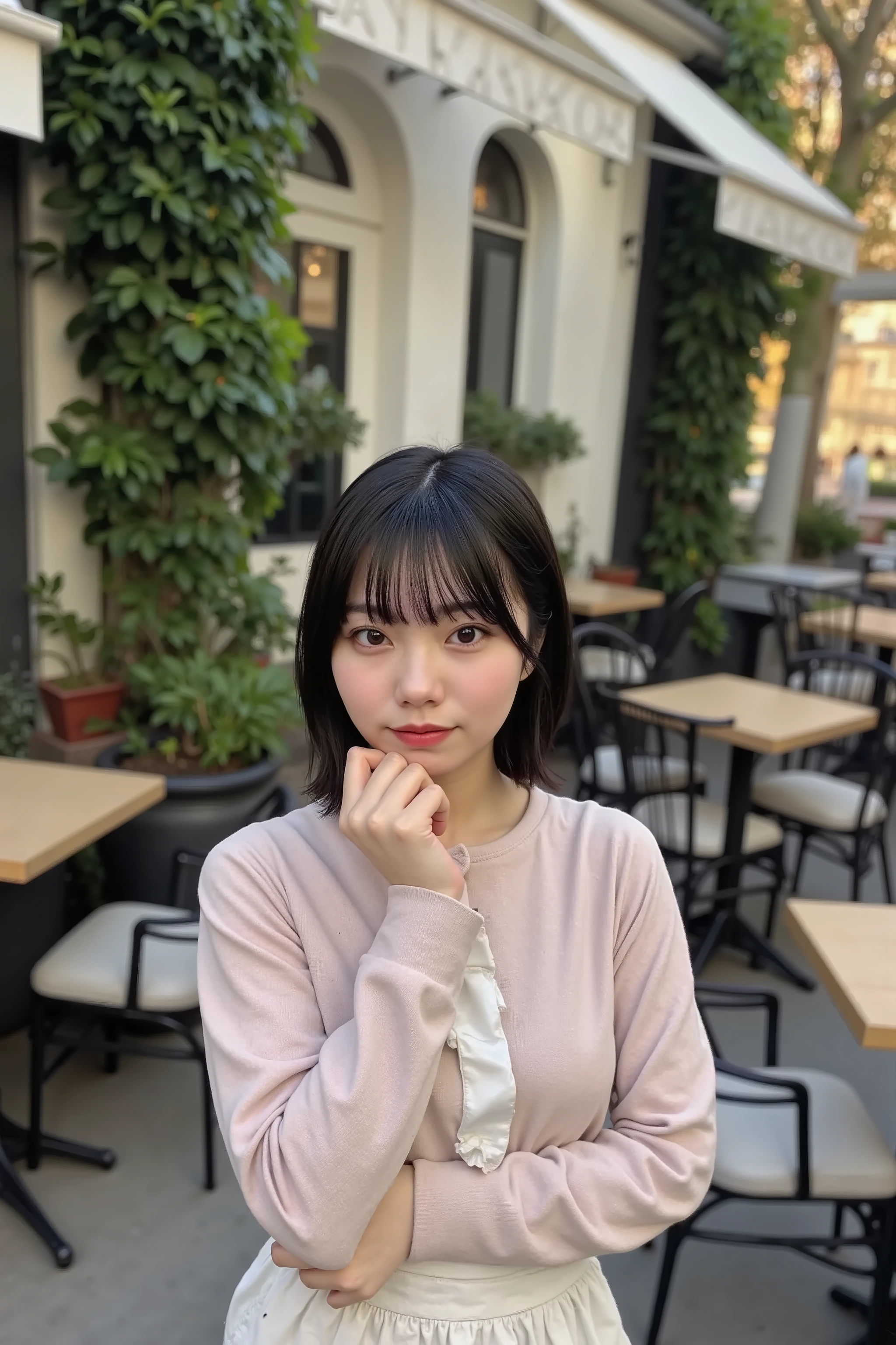 A Japanese young woman is standing naked, upper body shot, hiding nipples, blushing chest, hands holding her small breasts. outdoors, cafe terrace, in Paris,