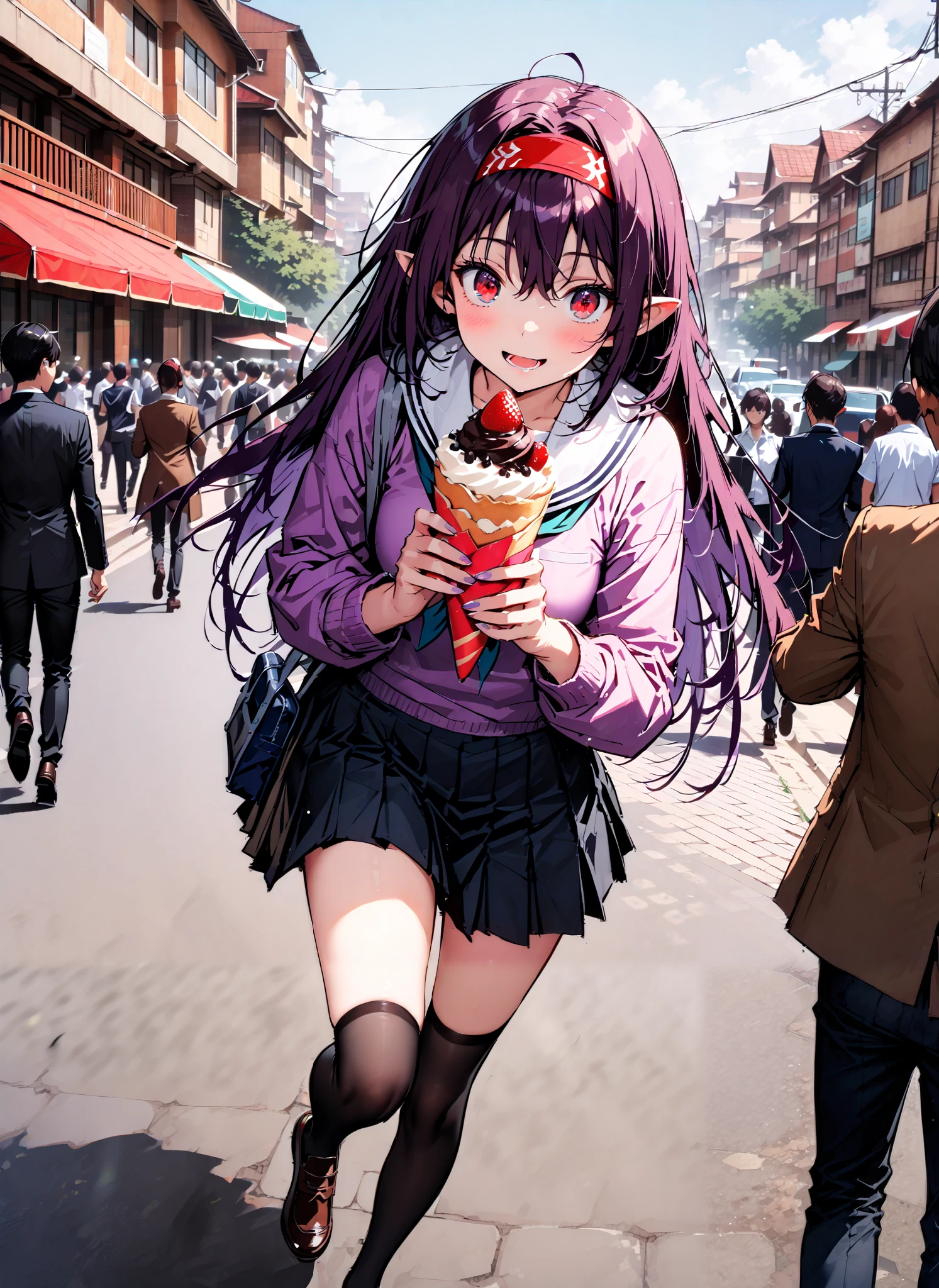 yuukiKonno, Konno Yuuki, Alone,stupid hair, Red Hairband , long hair, pointy ears , purple hair, red eyes,smile,blush,opens her mouth,School bag,
white sailor suit ,purple cardigan,Black mini pleated skirt ,black thigh high socks, loafers,Walking,I'm holding a chocolate crepe with one hand,building,crowd,full bodyがイラストに入るように,
break outdoors,City,
break looking at viewer,full body,
break (masterpiece:1.2),Highest quality , kampala, Unity 8K Wallpaper ,(shape:0.8),( fine, beautiful eyes :1.6),It's a person ,full body写真,CG Details , (perfect hands, complete anatomy),
