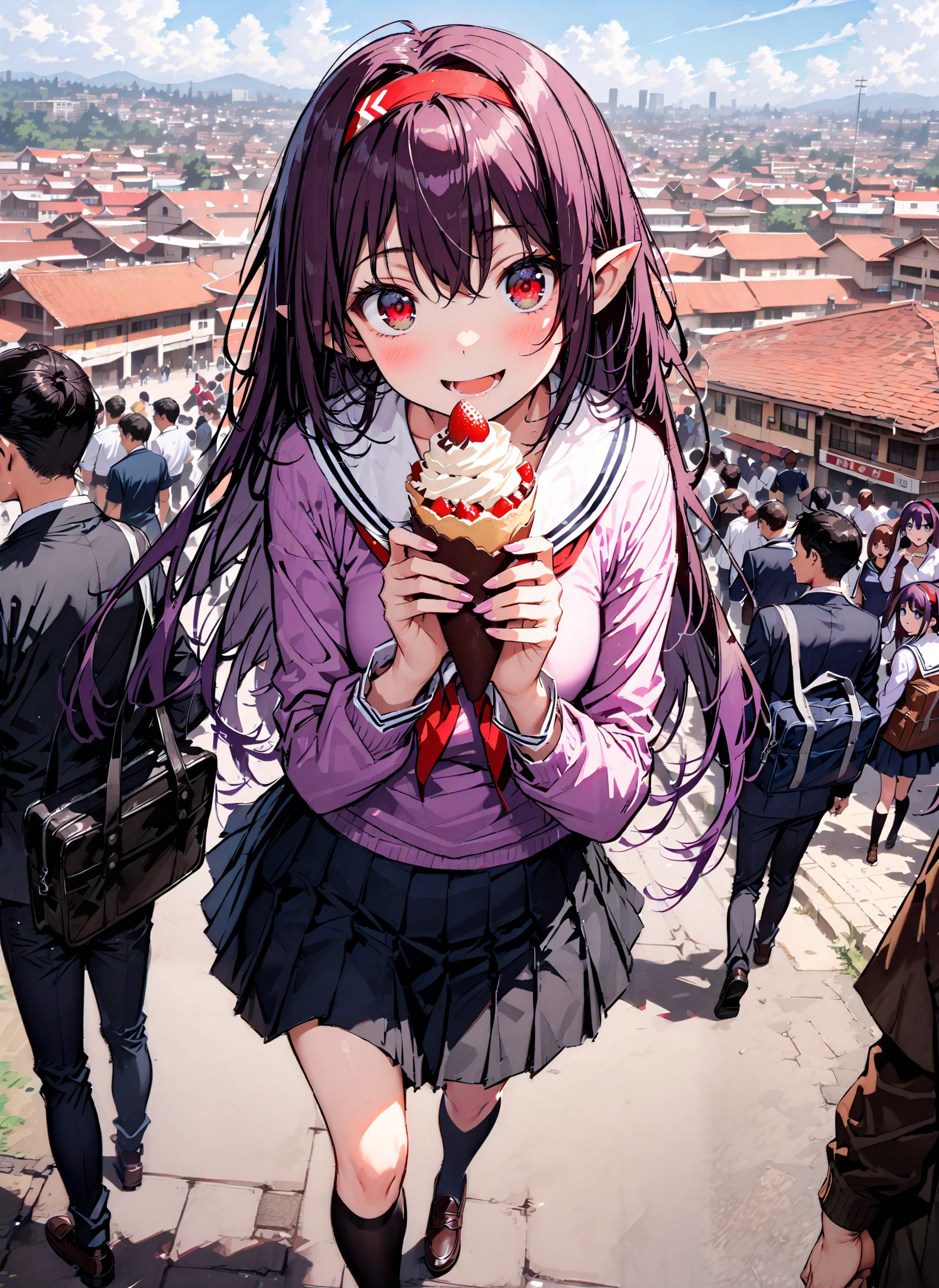 yuukiKonno, Konno Yuuki, Alone,stupid hair, Red Hairband , long hair, pointy ears , purple hair, red eyes,smile,blush,opens her mouth,School bag,
white sailor suit ,purple cardigan,Black mini pleated skirt ,black thigh high socks, loafers,Walking,I'm holding a chocolate crepe with one hand,building,crowd,full bodyがイラストに入るように,
break outdoors,City,
break looking at viewer,full body,
break (masterpiece:1.2),Highest quality , kampala, Unity 8K Wallpaper ,(shape:0.8),( fine, beautiful eyes :1.6),It's a person ,full body写真,CG Details , (perfect hands, complete anatomy),