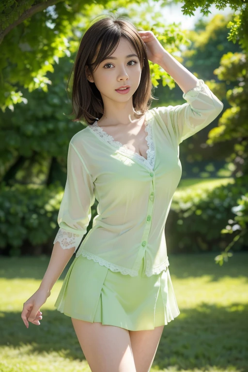 (scissors,hand up),(Wearing a bright colored shirt:1.5),A hair salon with chairs lined up,(The skin is wet from sweat:1.2),beautician,looking at the camera,Cleavage,smile,skirtリフト、skirtを手で上げる,woman, 20-year-old, Short Hair、bangs、(skirt),(White lace panties)、Cute earrings,Natural lighting