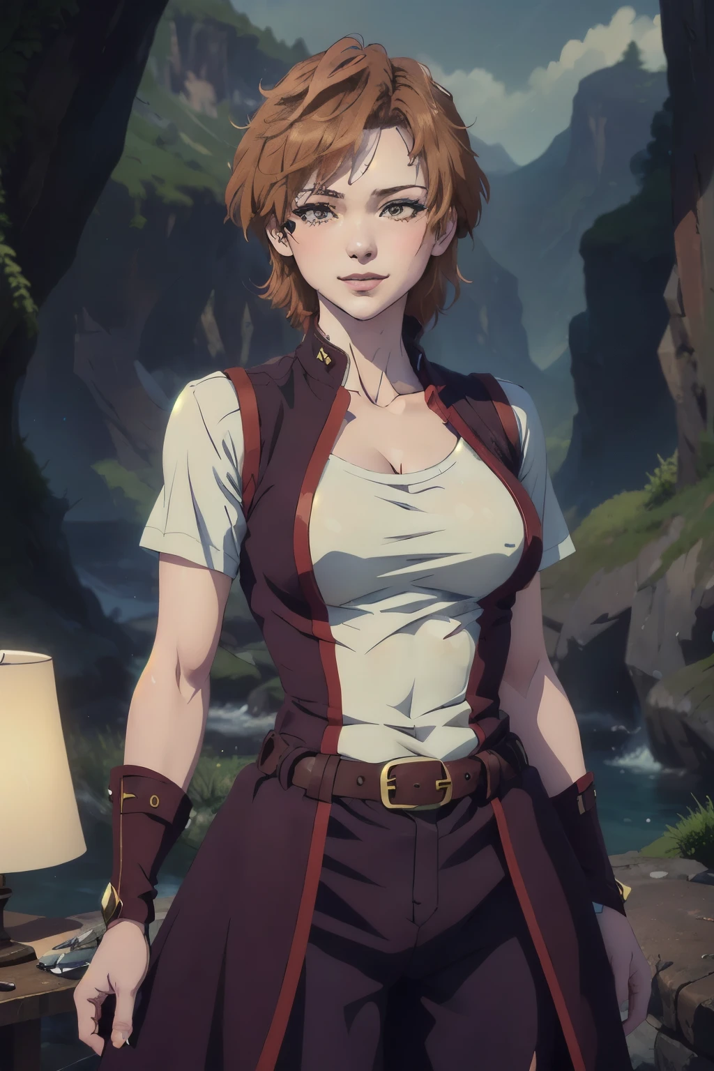 A ******* girl, short brown hair, spiked in the middle with a tuft of red hair, sharp gaze, a playful smile, a fantasy-style two-piece outfit, a dark-colored tight-fitting undershirt, a light-colored vest with wave patterns, a multifunctional belt, utility trousers, the surroundings depict swiftly flowing air, a high-speed blurred background, conveying a sense of speed, this character embodies a finely crafted fantasy-realistic style adventurer in anime style, characterized by an exquisite and mature manga illustration art style, high definition, best quality, highres, ultra-detailed, ultra-fine painting, extremely delicate, professional, anatomically correct, symmetrical face, extremely detailed eyes and face, high quality eyes, creativity, RAW photo, UHD, 8k, Natural light, cinematic lighting, masterpiece-anatomy-perfect, masterpiece:1.5