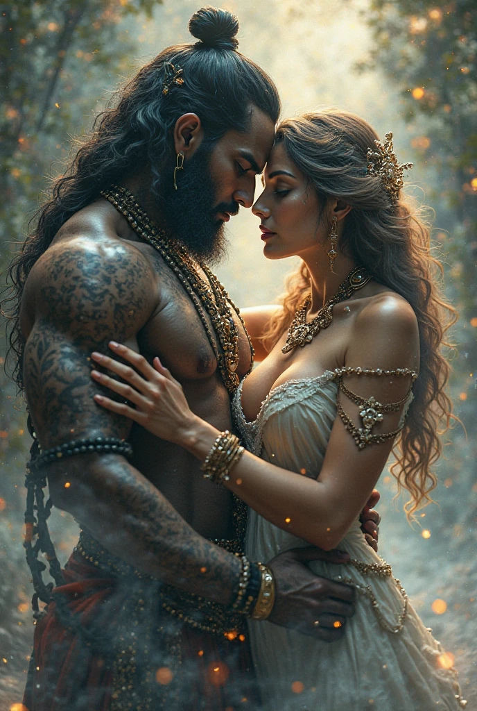 Male shaman and a female yogini, sacred rebels. He is muscular, broad, bald, bearded. She is blond, long haired, voluptuous, hourglass body, toned with abs, a lot of hippie style ethnic jewelry, scantily clad in tones of pink and white. Psychedelic picture of a very attractive couple, sparks flying, polarity, spiritual.
