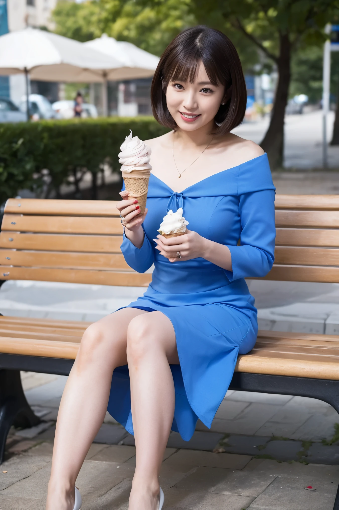 Highest quality, Flying debris, realistic, High Resolution, 8k RAW photo,alone, one girl, 30 years old、 eat soft serve ice cream 、smile、(((White Edge、blue dress)))、high heels、bob cut and semi-long hair holding、park bench