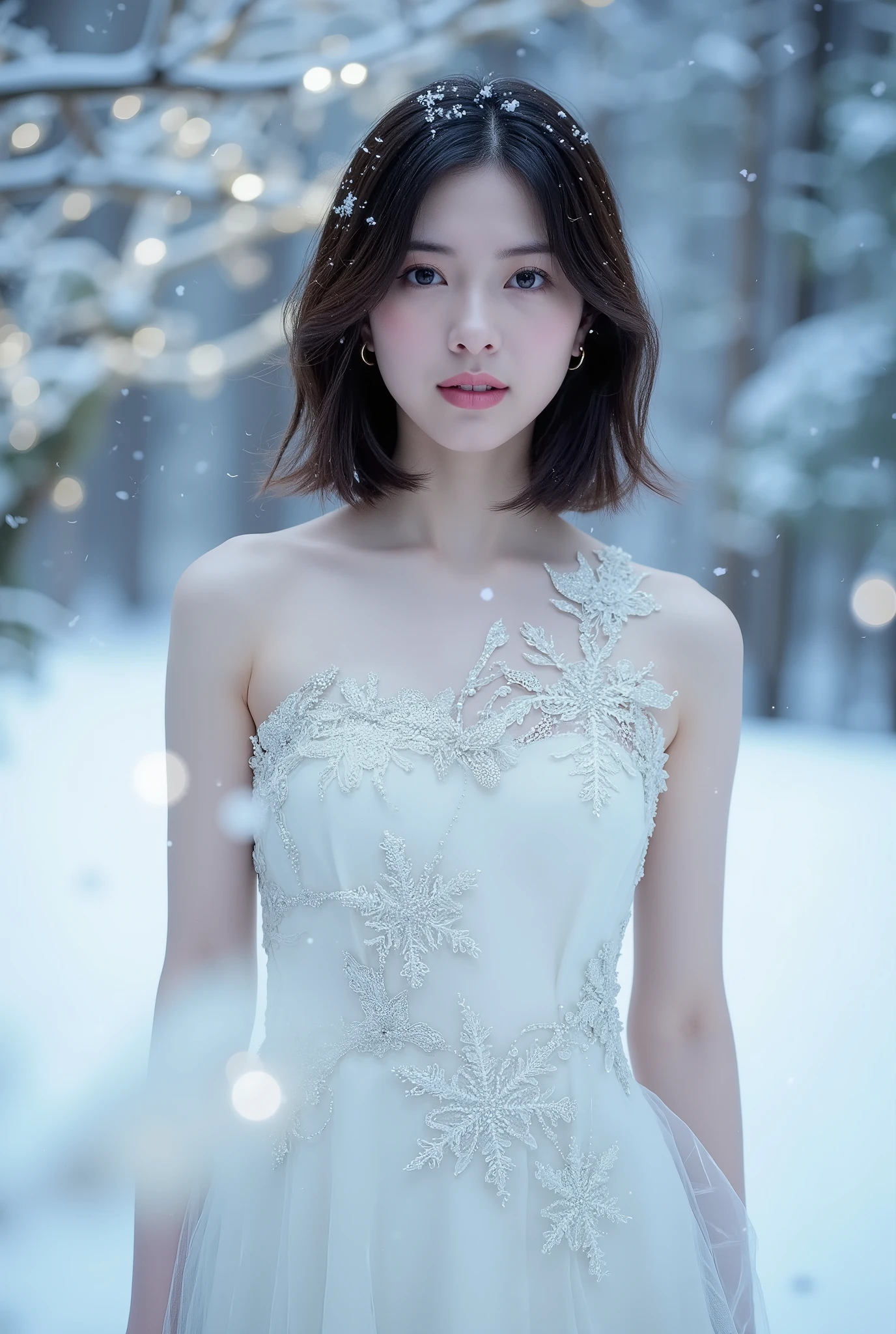 Create an enchanting scene featuring a beautiful Japanese idol girl with fair skin, standing gracefully. She has medium-length straight hair and is wearing a stunning dress adorned with snowflakes. The background is a magical snowy landscape, filled with gently falling snow and sparkling lights that enhance the fantastical atmosphere of the snowflake world.