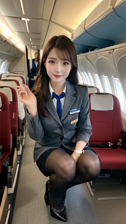 highest quality、table top、8k、best image quality、Award-winning work), two beautiful women、radiant beautiful skin , masterpiece、top-quality、The ultra -The high-definition、depth of fields、lens flare 1 girl、、brown hair, watching at viewers glares, large breasts , ivory stewardess uniform, ( ivory stewardess blazer:1.3), shirt, ivory short skirt, (white high heels), perfect legs, sitting, crossed legs, view from below, smiling , flight cabin