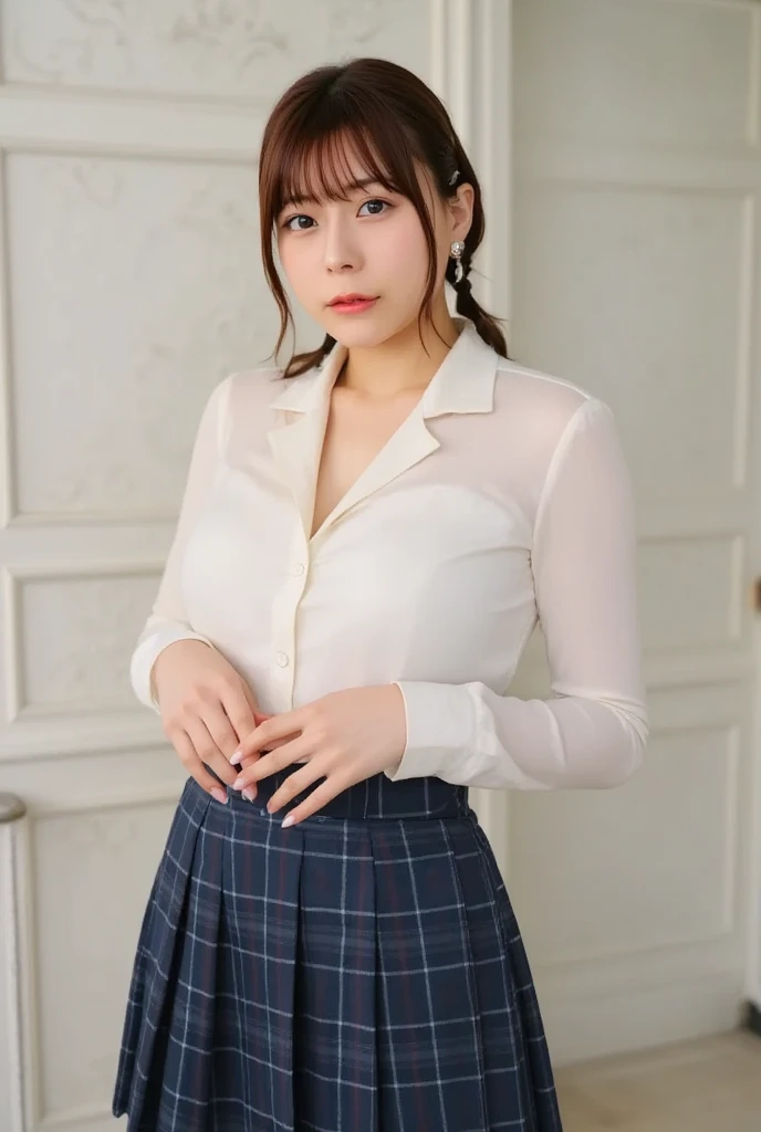 best quality, face focus, soft light, ultra high res, (photorealistic:1.4), RAW photo, 1japanese girl, solo, cute, (shy smile:0.5), (brown eyes, lights in the eyes), detailed beautiful face, (small chest),(high resolution detail of human skin texture), (short bob hair) BREAK, in classroom, navy , pleated skirt, white shirts,