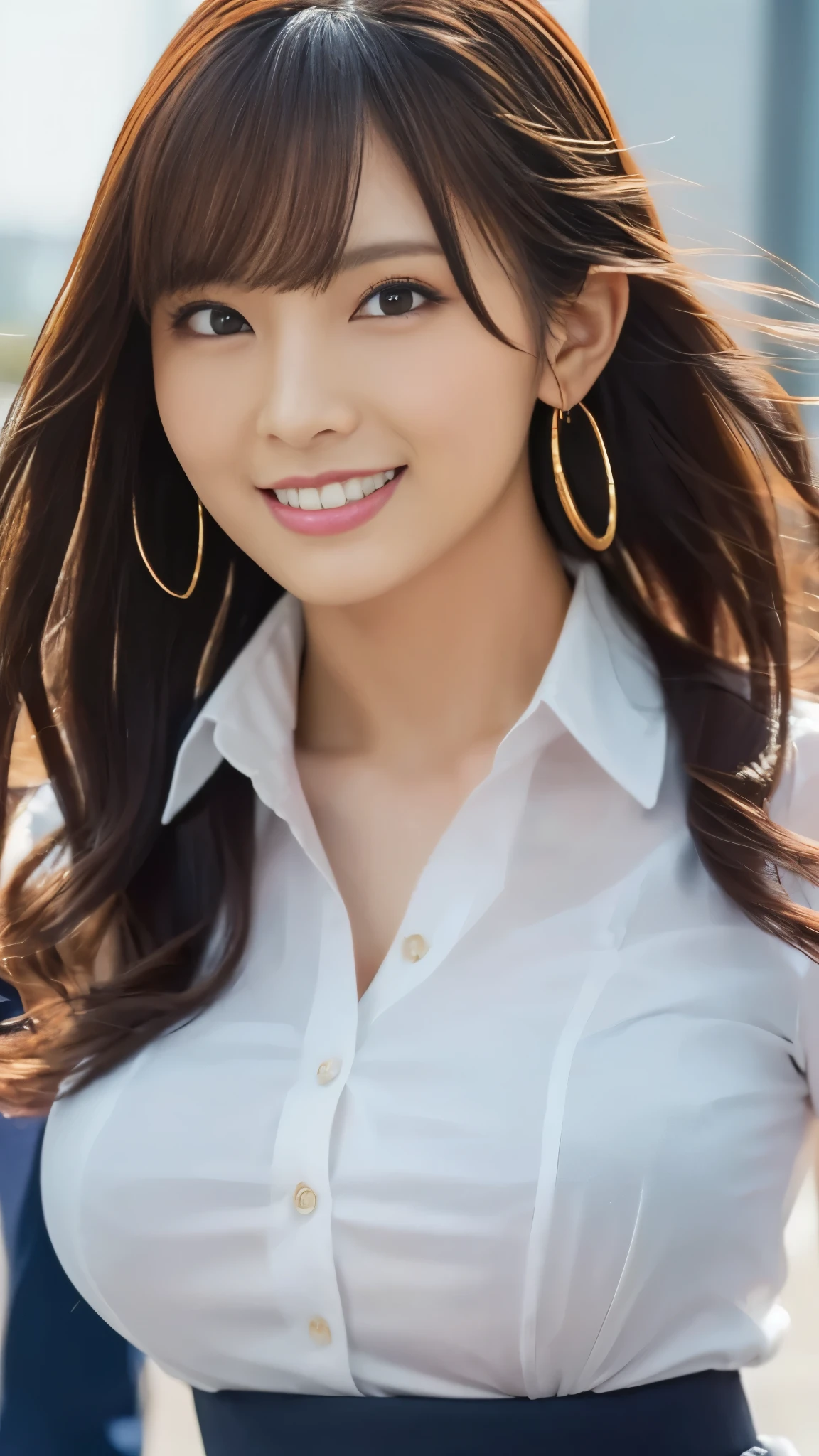 masterpiece, Highest quality, Photorealistic, 超High Resolution, Fine Details, High Resolution,  8k Wallpaper,  1 beautiful woman,, Light Brown Disheveled Hair,  wearing a business suit , sharp concentration, perfect dynamic composition, beautiful detail eye,  detailed hair ,  realistic skin texture in every detail , smile, close-up portrait,  model body type being committed in vs 、((Very long brown hair:1.2))、(( loose wavy hair :1.2)),((はにかんだsmile:1.3)),((gold necklace＿big earrings:1.2)), full body shot 、(((Full-body supermodel standing,  full body shot ,   show my whole body ))),(( White Long Sleeve Button Up Blouse_ with collar_Delete up to the second button＿ navy blue pleated mini skirt :1.3)),((smileで_ running towards here_ Long Hair Fluttering :1.3))，((big breasts:HCAP ))，