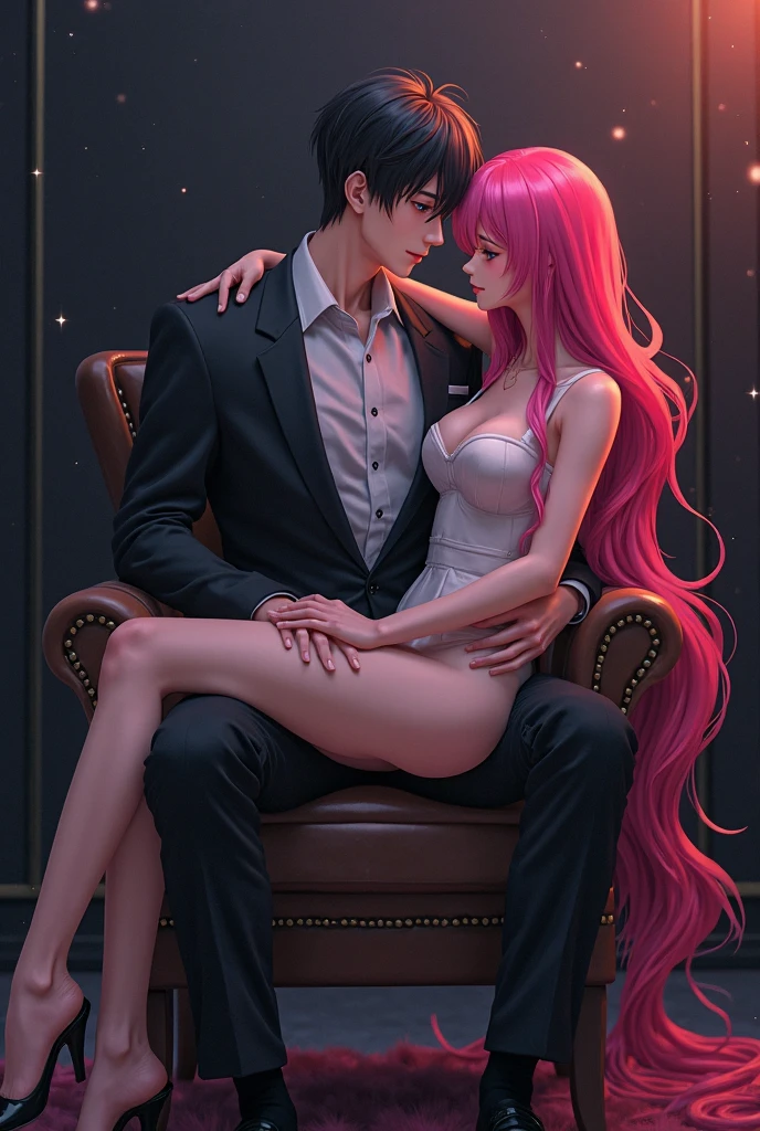 An anime woman sitting on the face of an anime man backside view