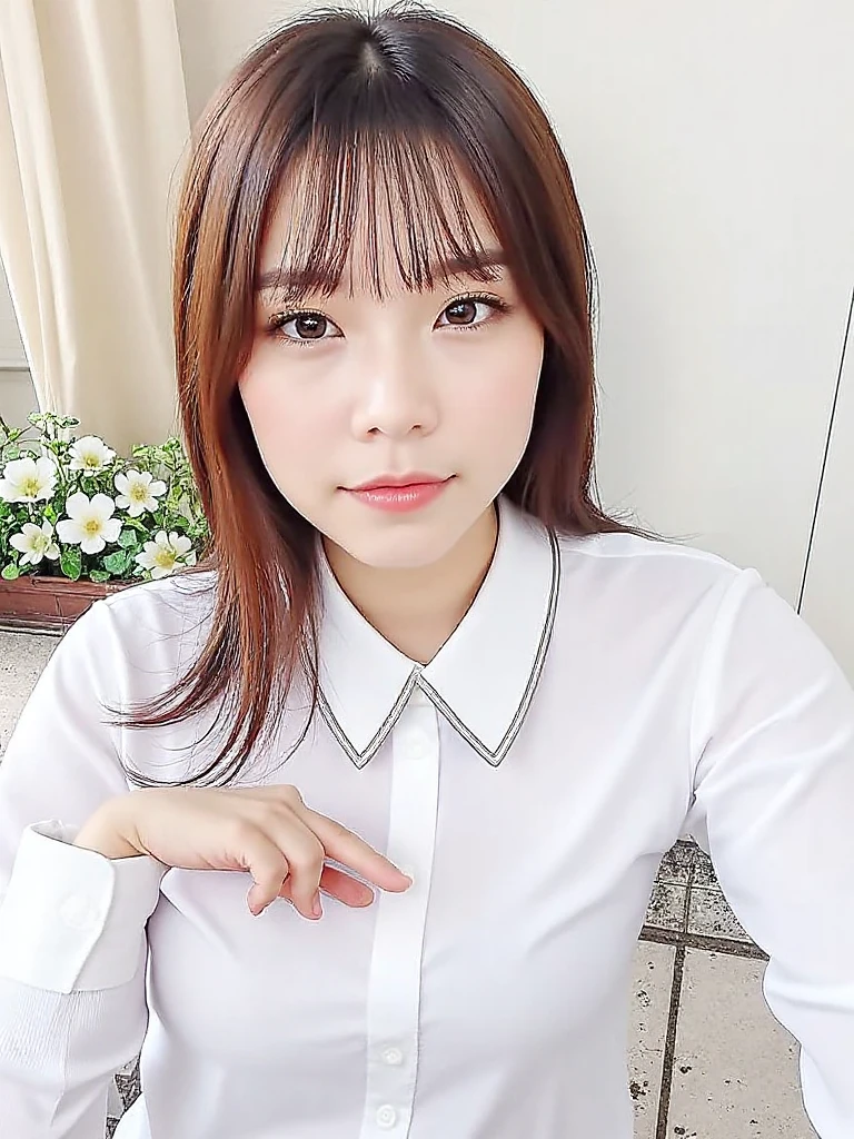 (highest quality、table top、8k、best image quality、Award-winning work)、one cute high school girl、(solo:1.1)、straight medium hair、perfect bangs、(Perfect short sleeve collared polyester shirt:1.1)、(Polyester shirt with pointed collar:1.1)、(The perfect and most natural uniform ribbon:1.3)、(The simplest pure white background:1.3)、(Perfectly fixed to the front:1.1)、(very big breasts:1.2)、(emphasize body line:1.2)、close up of face、(Perfect frontal and horizontal portrait of a woman with adequate white space:1.2)、(Depicting a woman perfectly horizontally and frontally:1.2)、beautiful and detailed eyes、look at me and smile、(Upright photo from the chest up:1.2)、(Please turn and look straight at me:1.2)、perfect makeup、Ultra high definition beauty face、ultra high definition hair、Super high-definition sparkling eyes、Super high resolution glossy lips、accurate anatomy、very beautiful skin、(Super high-definition sparkling pure white skin:1.1)、Graceful upright posture seen from the front、(very bright:1.1)