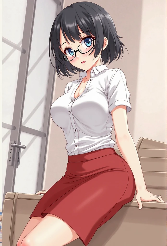 1girl, anime, short hair, bob cut, brown hair, button shirt, large breasts, cleavage, partially open shirt, tight shorts, beauty mark, slim glasses, lying down, lying on back stockings, classroom, best quality, teacher, mature woman, slim waist, thick thighs, upside down,