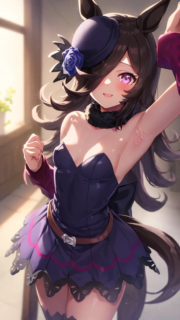 (( 1girl in)), NSFW、blush,Purple hair、(verd s eyes)、(((Red Leotard)))、Armpits、((huge-breasted))、is crying、((:o))、((embarrassed from))、big butts、((thick thighs))、Sweat、(spreading legs)、sitting on、:o、Wavy mouth、From below、Brown skin、Purple Boots、Purple gloves、(Dark caves)、(((from behind)))