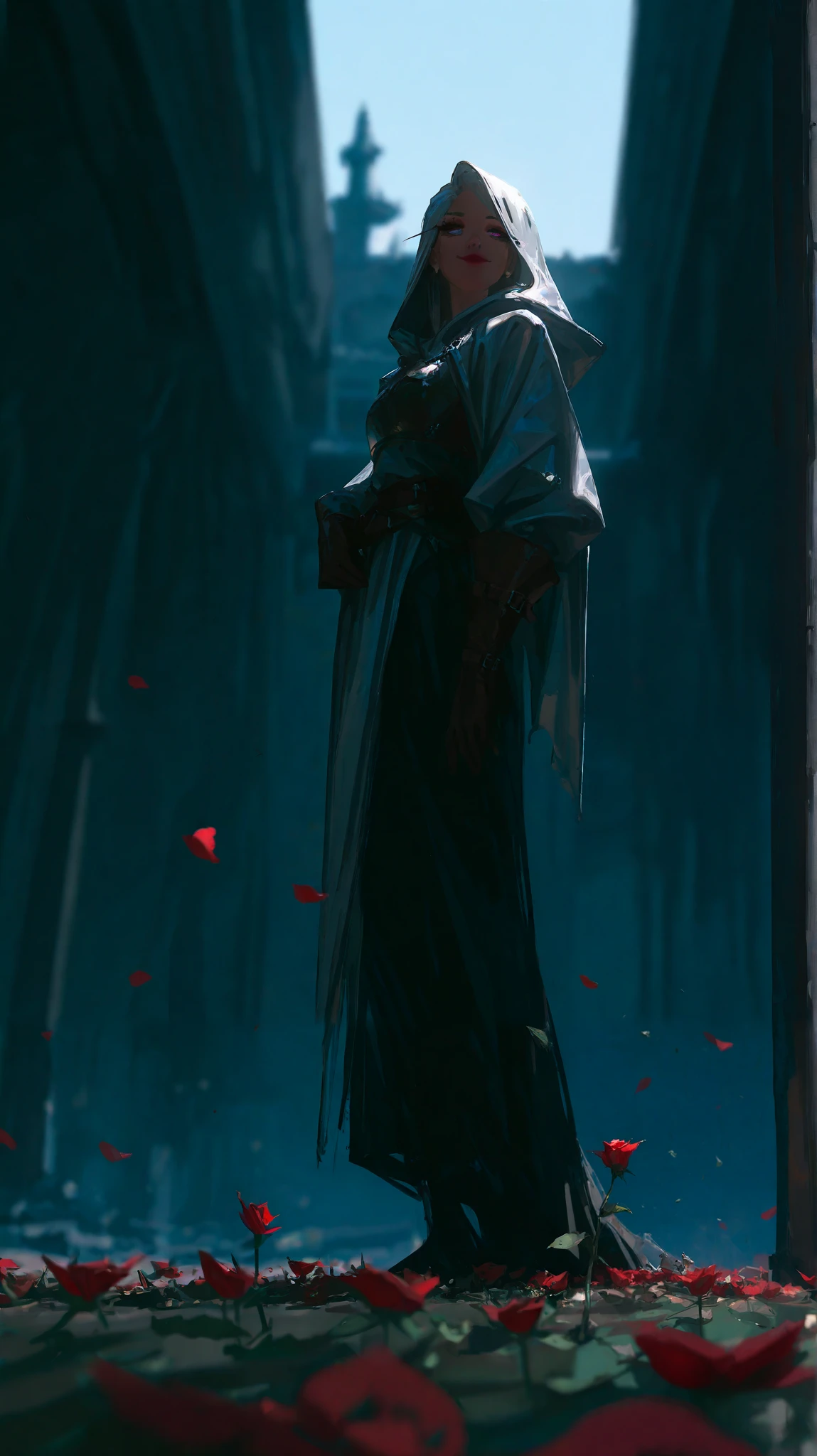 (96yottea:1.2), (kan liu \(666k\):1.1),  flat color, white sclera, green eyes,  newest, very awa, masterpiece, highres, absurdres, year 2024, year 2023,
Film Still, perspective cinematic shot (long shot:1.1), (depth of field:1.1), facing viewer, from below, atmospheric perspective, 
(full body portrait), 1girl, solo, (long silver hair), detailed face, mischief expression, smirk, pale white skin, purple eyes, (detailed eyes), long eyelashes, black eye liner, red lipstick, black tunic, (silver hoodie cloak), long dress, leather glove, (chest armor), (standing pose) moonlight, hard lighting, blue light, cold light, ((rose pedals falling)), (medieval theme), (masterpiece), super detailed, best quality, POV, dw01-3400, 4k , detailed face  , detailed eye 