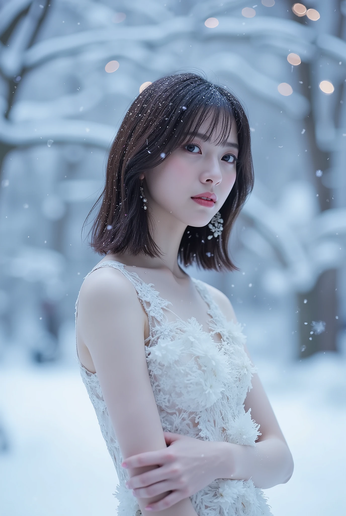 Create an enchanting scene featuring a beautiful Japanese idol girl with fair skin, standing gracefully. She has medium-length straight hair and is wearing a stunning dress adorned with snowflakes. The background is a magical snowy landscape, filled with gently falling snow and sparkling lights that enhance the fantastical atmosphere of the snowflake world.