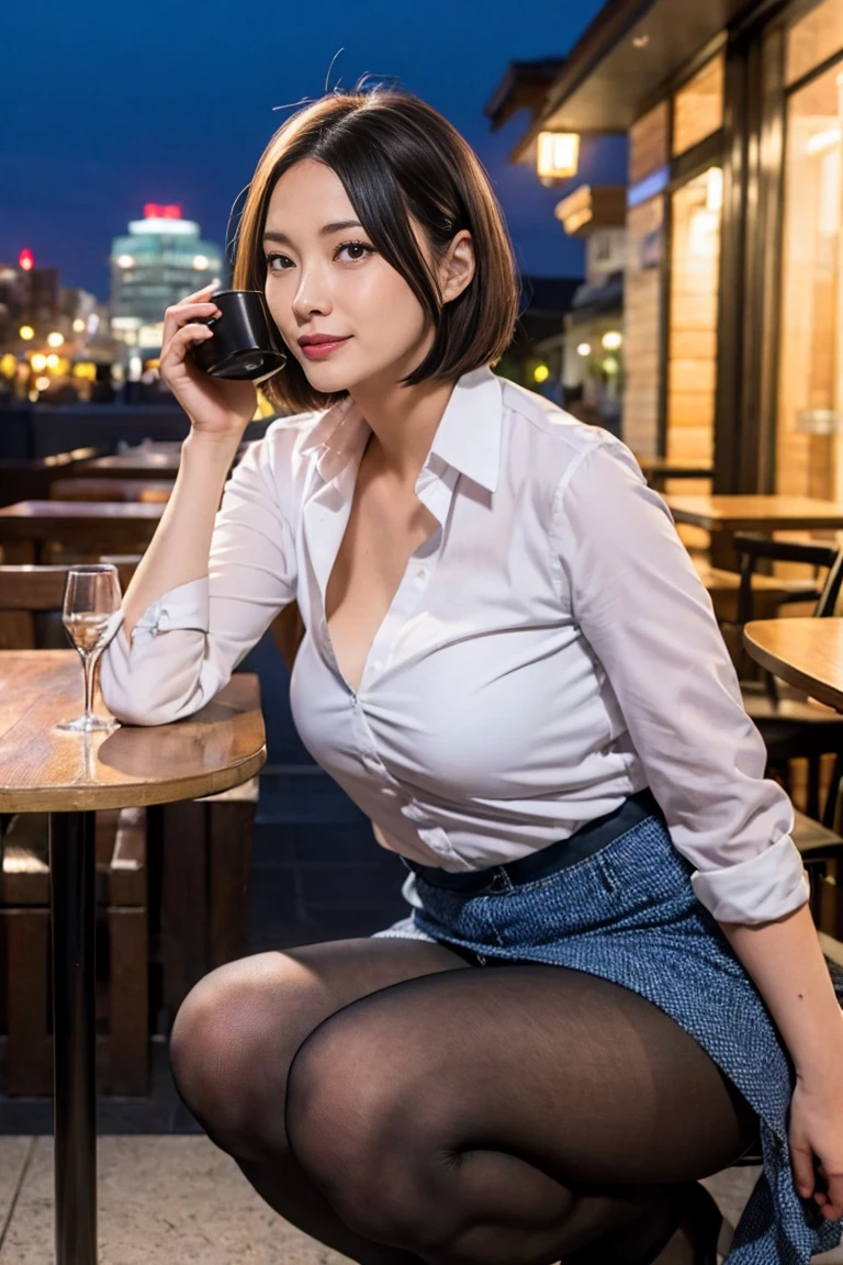 masutepiece, Best Quality, Illustration, Ultra-detailed, finely detail, hight resolution, 8K Wallpaper, Perfect dynamic composition, Beautiful detailed eyes, sexy underwear,Bob Hair, mid-chest, Natural Color Lip, Random and sexy poses,Smile,20 years girl、Colossal tits、cafes、Suit shirt、Suit shirt is open、perfect foot、perfect arms、sit a chair、Lower breast、 are coming out、tokyo scenery