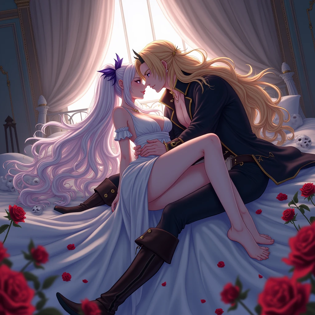 Couple sleeping together in bed. Girl with very long white hair with purple. Blond pirate boy with very long hair. Sensual anime.  elegant room . Roses and Skulls.
