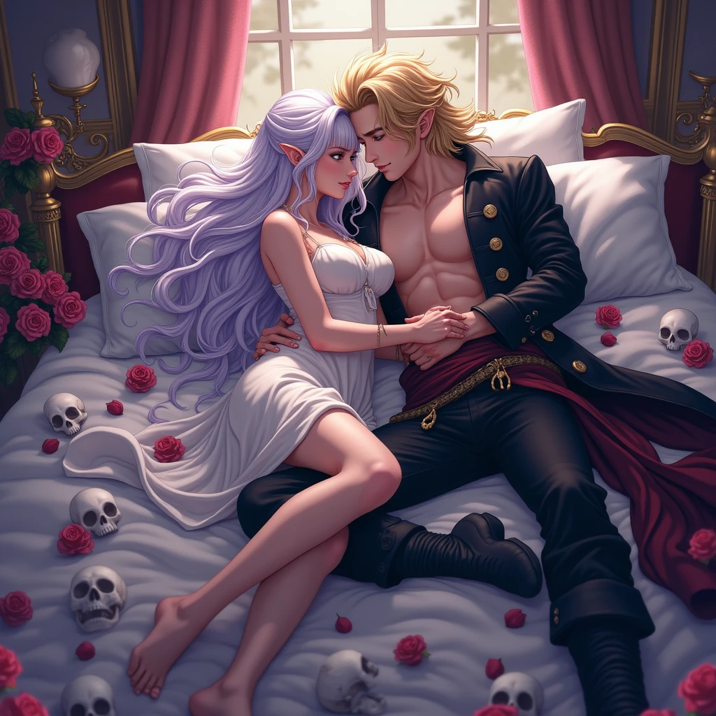 Couple sleeping together in bed. Girl with very long white hair with purple. Blond pirate boy with very long hair. Sensual anime.  elegant room . Roses and Skulls.