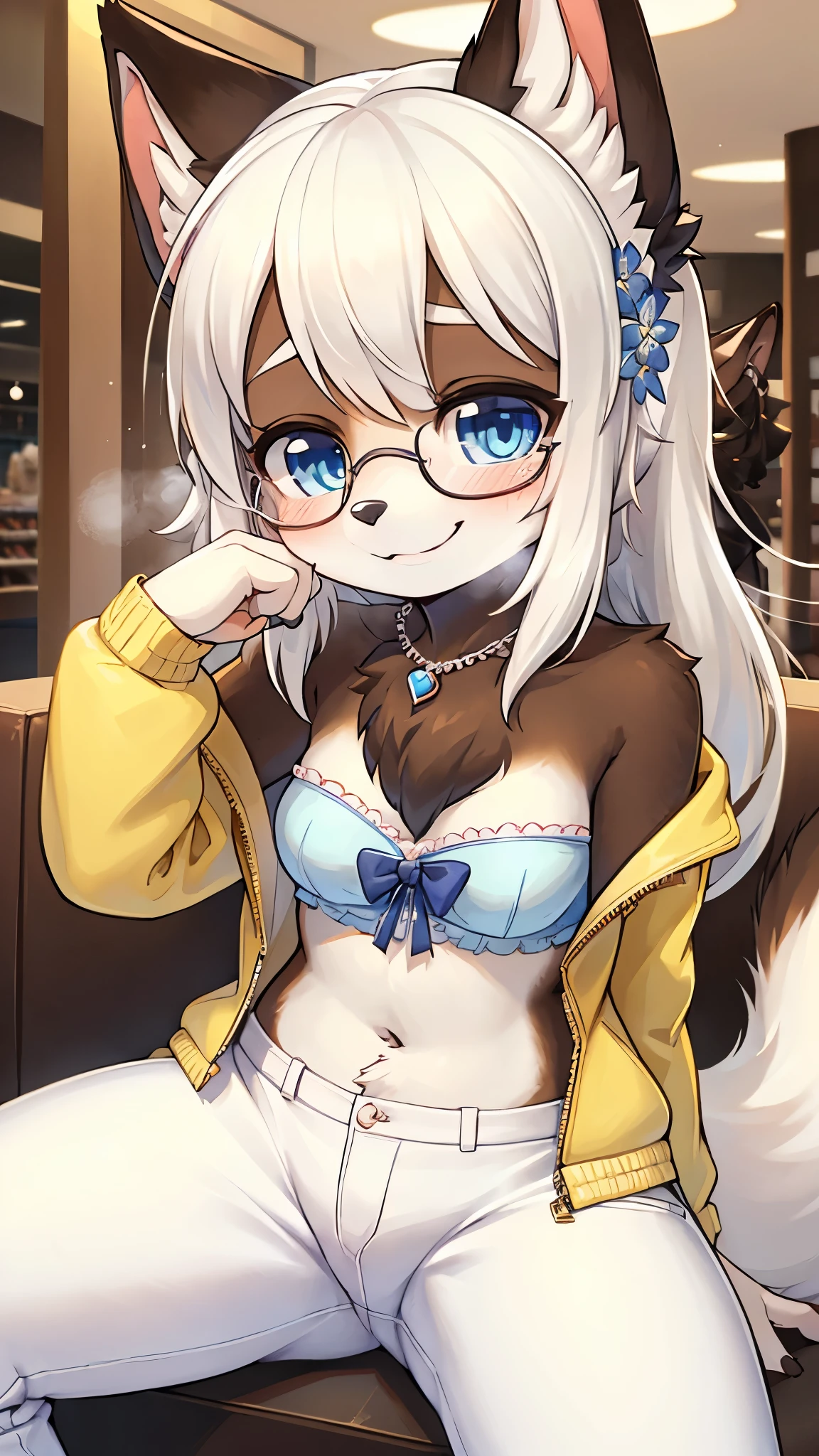 (fluffy anthro furry: 1.7),(young: 1.6),cat girl,yellow long hair,wavy hair,brown fur,small breasts,pubic fur,neck fur,stomach fur,breasts fur,armpits fur,ultra detailed fur,denim shorts,beautiful swimming pool,night,moonlight,fullmoon,ultra glittering water detailed,sparkle water detailed,wet armpits,shiny skin,water dripping on body,water dripping on breasts,water dripping on arms,glasses,pearl necklace,pearl bracelet,white flower hairpin,seductive face,close eye,:3,full face blush,legs in water,upper body only,bend backward