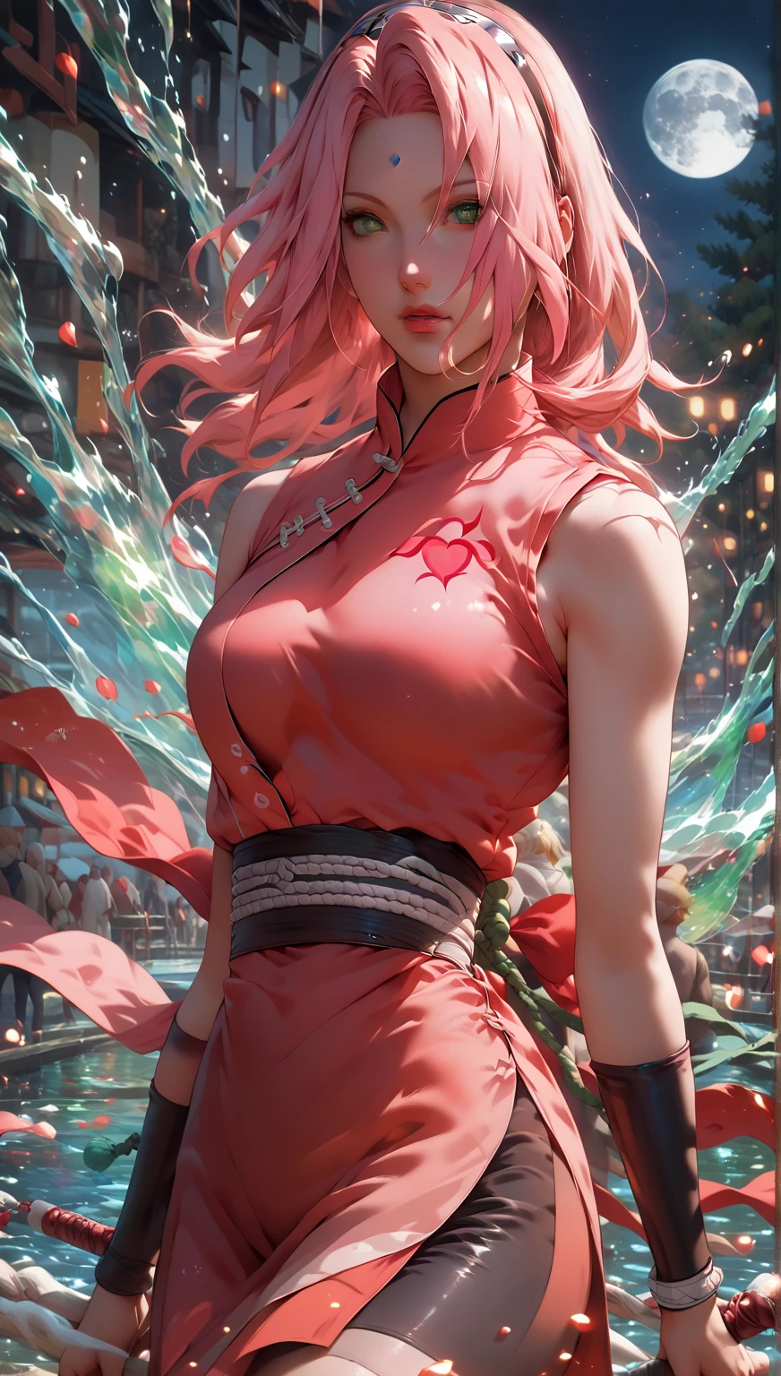 Animation《Naruto》Sakura Haruno,1 girl,dynamic poses,perfect facial features,Delicate face,running,fighting,Best quality,masterpiece,8k,Huge breasts:1.4,Full, straight breasts,Showing cleavage