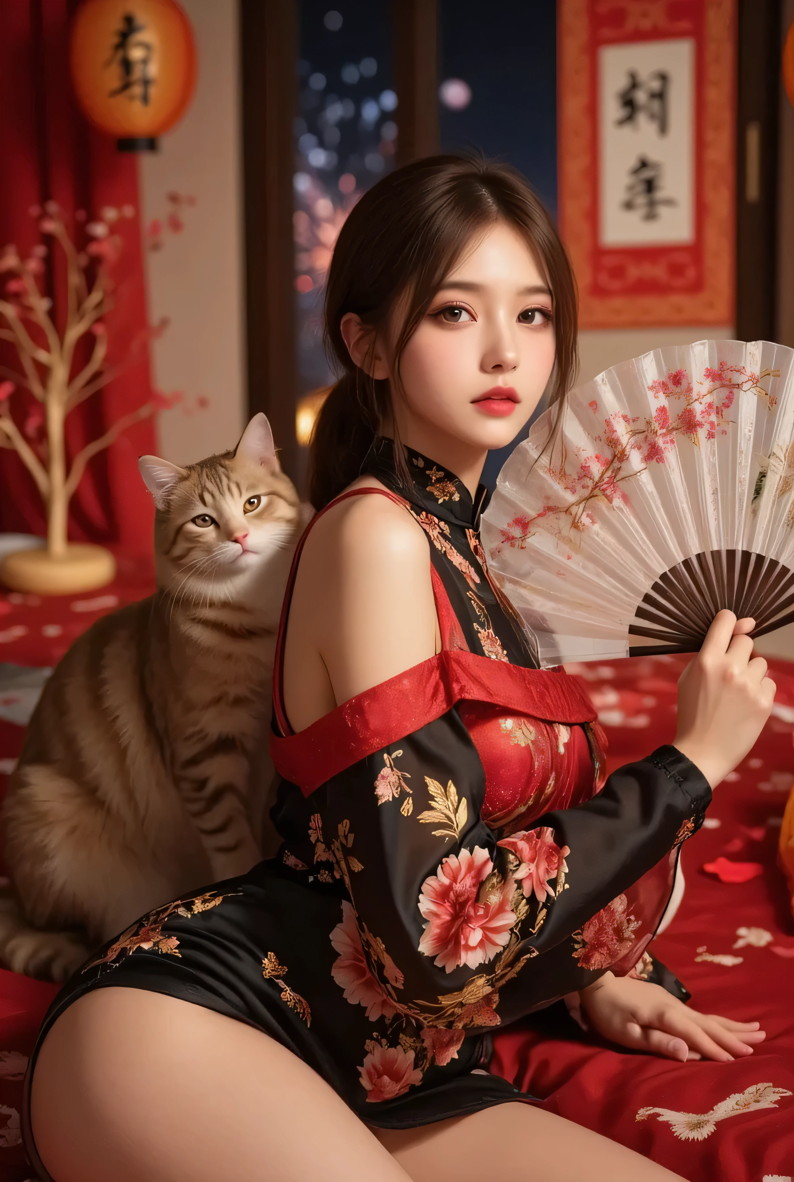 Cat ears、 face up, attractive, pretty girl, ponytail、 (( fine facial features , eroticism)), dramatic lighting , realistic , 8k, Dramatic Shadows , intricate and elaborate patterns , super detailed photo , chiaroscuro lighting , Pleasant colors , deep contrast , super real 、 pink lipstick、 warm room、Vintage Fireplace 、 cinematic composition、Close-up of face, pretty half part transparent open shoulder loose outfits dress, tang style, A beautiful Korean idol wearing a one piece red- black tightly cheongsam with phoenix and intricate floral golden embroidery, golden and silver outline on dress, hand hold pink feathers transparent Chinese fan with golden ink painting of bird and tree , standing gracefully in a room filled with traditional Chinese New Year decorations. The room features vibrant red lanterns, decorative calligraphy scrolls, a small Chinese orange tree with golden ornaments, and several red envelopes scattered across the floor and hanging from the tree. Adorable, playful cats are part of the scene—some sitting near the tree, others curiously pawing at the red envelopes or lounging around. Through a window or an open door in the background, vibrant Chinese fireworks light up the night sky in an array of reds, golds, and blues, casting a magical glow into the room. The idol’s outfit is paired with subtle accessories like red hairpins or earrings, complementing the festive look. The atmosphere is warm and lively, filled with the joyful essence of the celebration, enhanced by the shimmering lights of the fireworks and the lively decor.