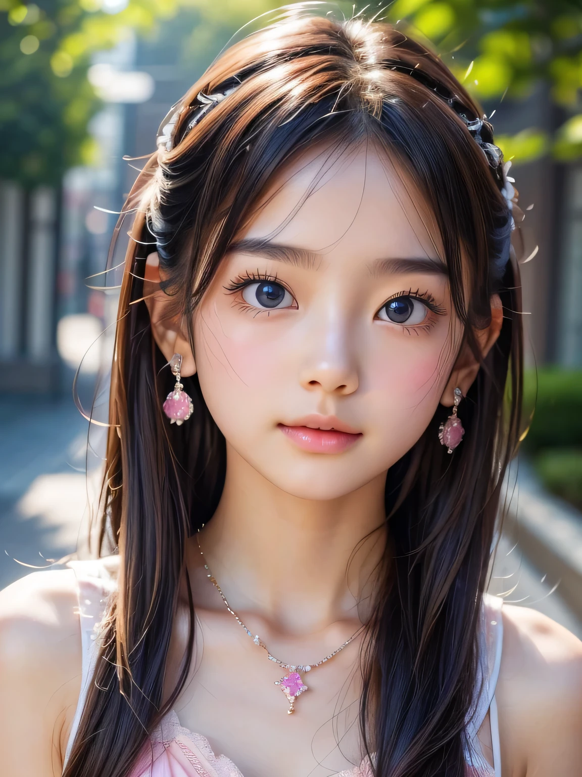 A close up of a woman with long hair wearing a pink dress - SeaArt AI
