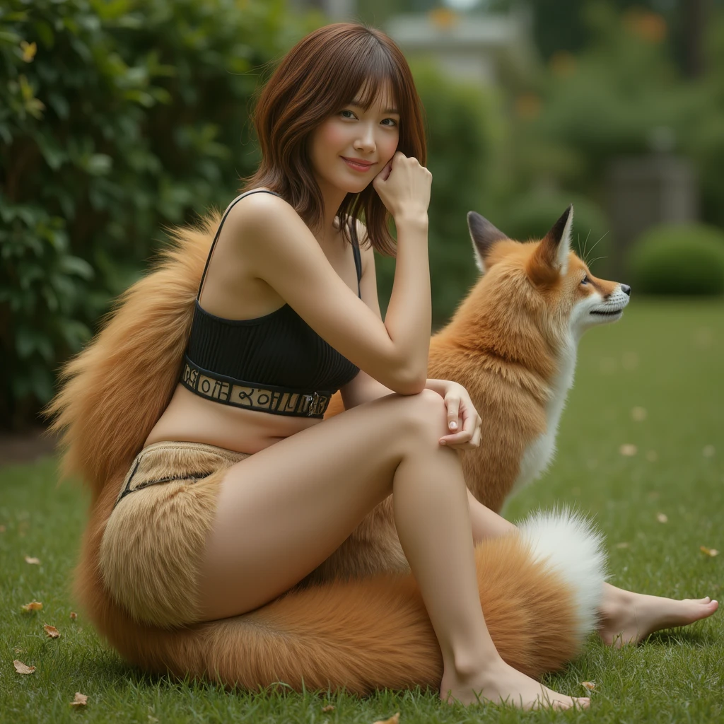 ((Highest quality, 32K)), ((masterpiece)), (Get used to it), Perfect Face, Fox Girl, Beautiful woman, public, Has a tail, She has a fox's tail, She wags her fluffy tail, smile, Dog collar, she is wearing gym clothes, Beautiful hip line, The tail is sticking out of the gym suit, Large Breasts, On all fours