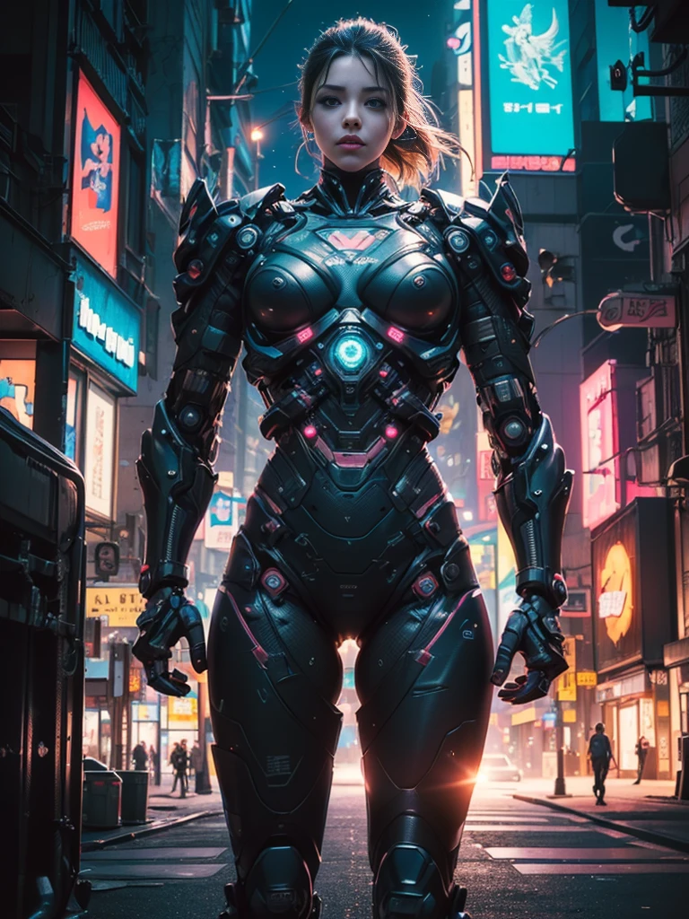 ((fashion photography)), perfect face, perfect eyes, (medium full shot) of (esthetic futuristic soldier) young woman, african, dark skin, light brown eyes, full-figured build, short red hair, wearing Plasma-infused exosuit with neural control interface, multi-spectral visor with threat detection, energy gauntlets with plasma cannons, anti-gravity combat boots, Tactical energy sword with variable blade length and plasma edge, set in Megacity skyline, neon lights reflecting off glass skyscrapers, bustling streets filled with hovercars and drones, towering billboards advertising futuristic technology , surprised, open mouth, pointing her finger at the viewer, masterpiece, best quality, photorealistic, very aesthetic