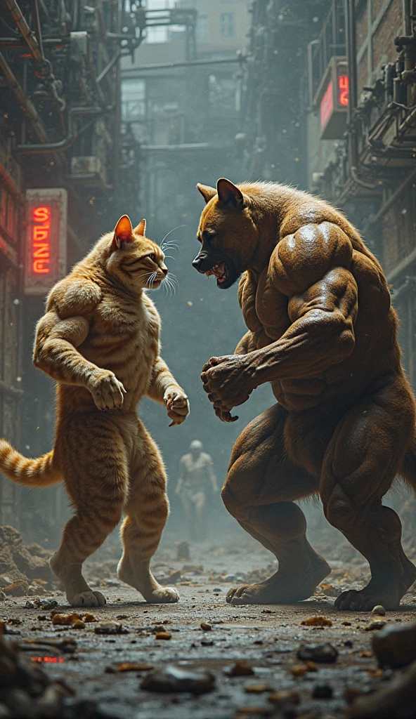 A realistic, white, bodybuilder cat fighting with another body builder cat,One Is badly defeated, expression_very sad,