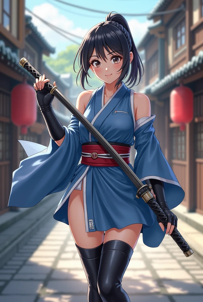 absurdres, RAW photo, extremely delicate and beautiful, masterpiece, Best Quality, ultra high resolution, 32k, hyperrealistic, ultra-detailed, in her 20s, delicate facial features, tearful mole, earring, medium breasts, full body shot, shorter middle hair, black hair, shuimobysim, Japanese kimono, ninja, samurai, sword with blue flames,