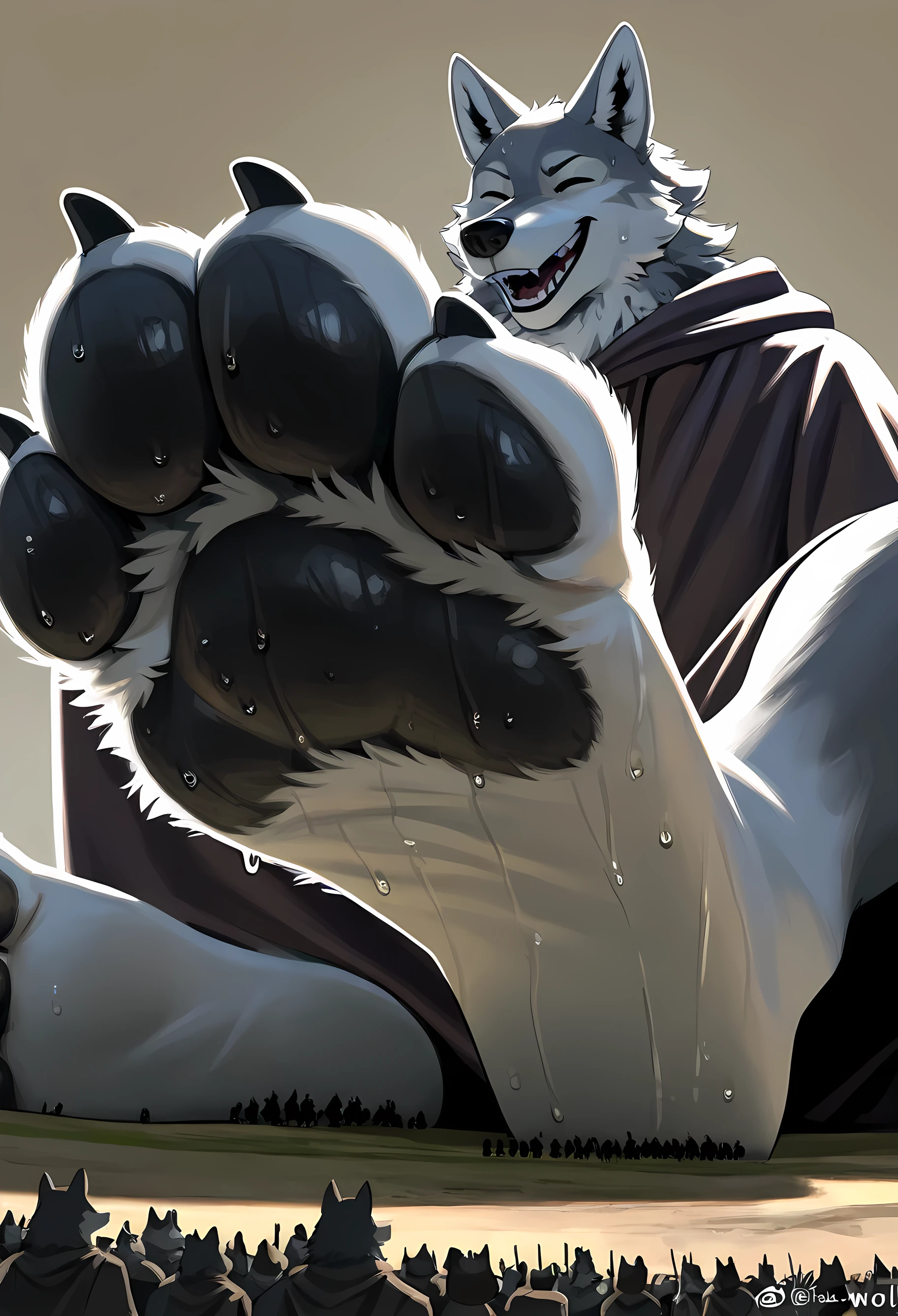  (macro size: 1.2), (below view of a closeup wolf foot: 1.2), (ultra closeup of a wolf boys foot only: 1.3), (furry wolf boy: 1.1), robes, simple background, (ultra closeup of wolf feet: 1.2), (foreshortening: 1.2), (closeup wolf foot: 1.2), army, sitting, laughing, sweaty
