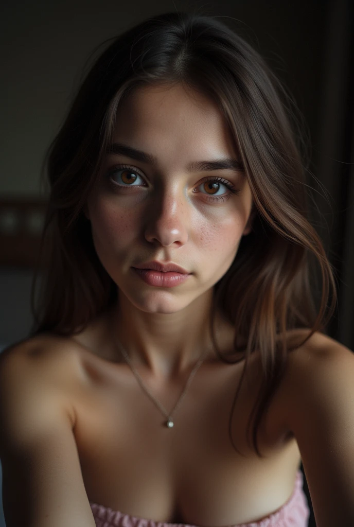 (editorial whole body photograph of a 15 year old girl), extremely intense joyful loud cheering from strongest deepest orgasm excitement, extremely beautiful magnetic libidinous eyes, eye-contact with viewer begging him to penetrate her aroused squirting wet vagina, (highly detailed face:1.4) (smile:0.7) (background inside dark, moody, private study:1.3) POV, by lee jeffries, nikon d850, film stock photograph ,4 kodak portra 400 ,camera f1.6 lens ,rich colors ,hyper realistic ,lifelike texture, dramatic lighting , cinestill 800,