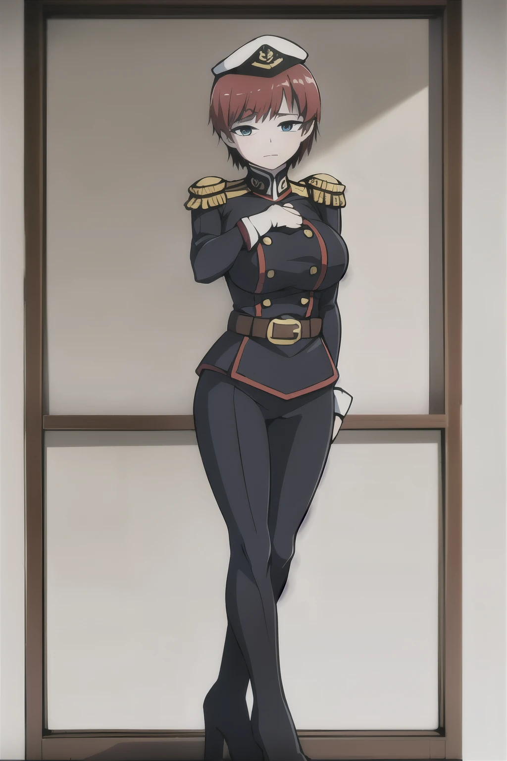 Kushina, long hair, red hair, blue eyes, mature female, large breasts, Woman in military-style cosplay uniform, (ethnicity:1.1), (age:1.1), (detailed clothing:1.2), (accessories:1.1), (facial features:1.1), (expression:1.1), (body type:1.1), (pose:1.2), navy blue leotard with maroon buttons and gold trim, short red bob haircut, officer's cap. Standing pose, slightly angled towards viewer, (detailed uniform design:1.2), wearing black high heeled boots with decorative cuffs, standing centered against a plain white background. Full body shot, studio setting, photorealistic style, professional portrait, medium shot, (detailed skin texture:1.1). Straight-on view, bright, even lighting, clean composition, high detail