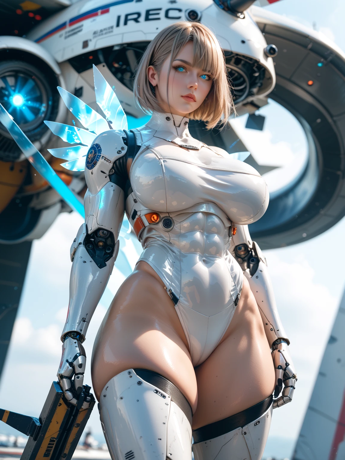 nsfw,gorgeus voluptuous space scify astronaut girl with a bubble glass helmet in the head, white and orange, dark green almond-shaped eyes,, short blonde hair, very small and tight micro bikini, Perfect big breasts, Sensual wide hips, muscular thighs, muscular arms, Sexy sensual belly, Huge giant camel toe, space, spaceship, UHD, retina, masterpiece, anatomically correct, rough skin, advanced details, Awards, highest quality, 8K