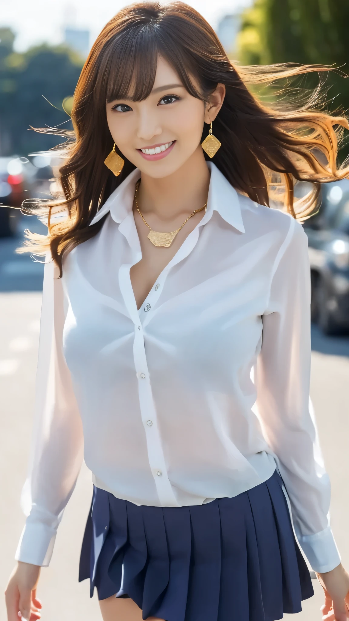 Arafed asian woman in a white shirt and blue skirt - SeaArt AI