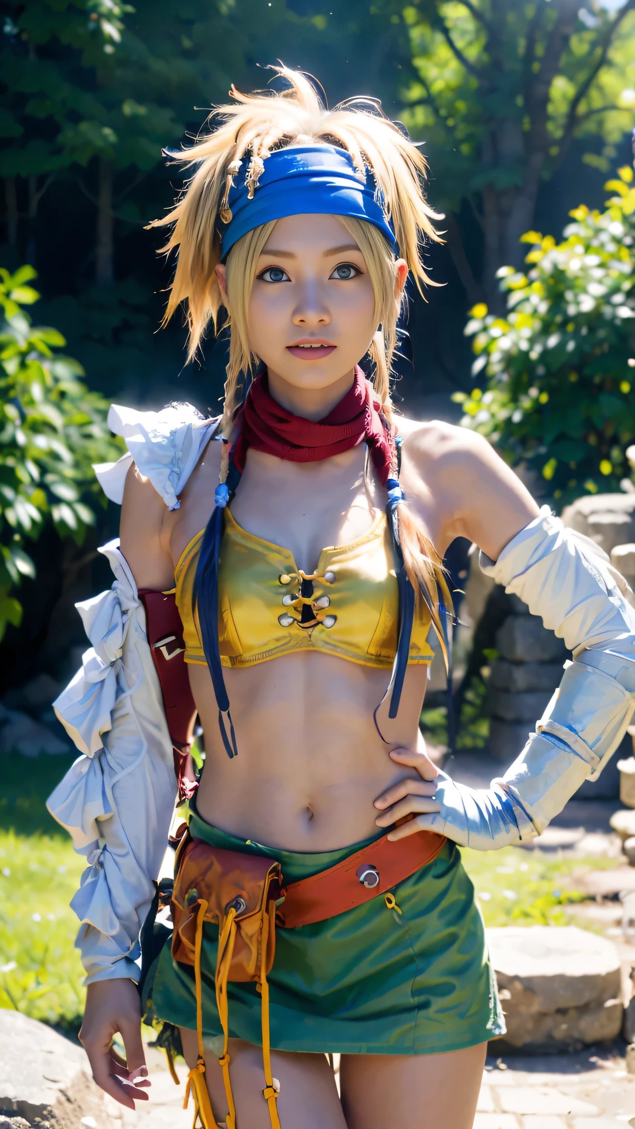 Rikku, the vibrant and lively Vygasian heroine from Final Fantasy X-2, is depicted in this stunning image. She standing confidently on an old Stone ancient ruins , ((hands behind))((leaning forward)) , with one leg crossed over the other, exuding an aura of strength and determination. A gentle breeze playfully ruffles her short bobbed hair, adding an element of dynamism to the scene. Rikku's trademark blue and white mini-dress adorned with loops and pockets is visible, as well as her signature bandana around her neck. With a smirk on her lips and her piercing blue eyes focused intently on the viewer, Rikku strikes an utterly captivating pose.