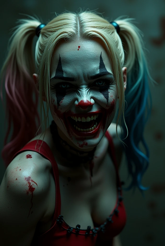 "Create an image of a clown-style character with artistic makeup smudged in red, yellow and blue. He is holding a silver blade and his tongue is gently touching it.. There is a red liquid running down the blade, suggesting a mystery scene. Make the image look like a game poster, deve estar escrito laugh louder