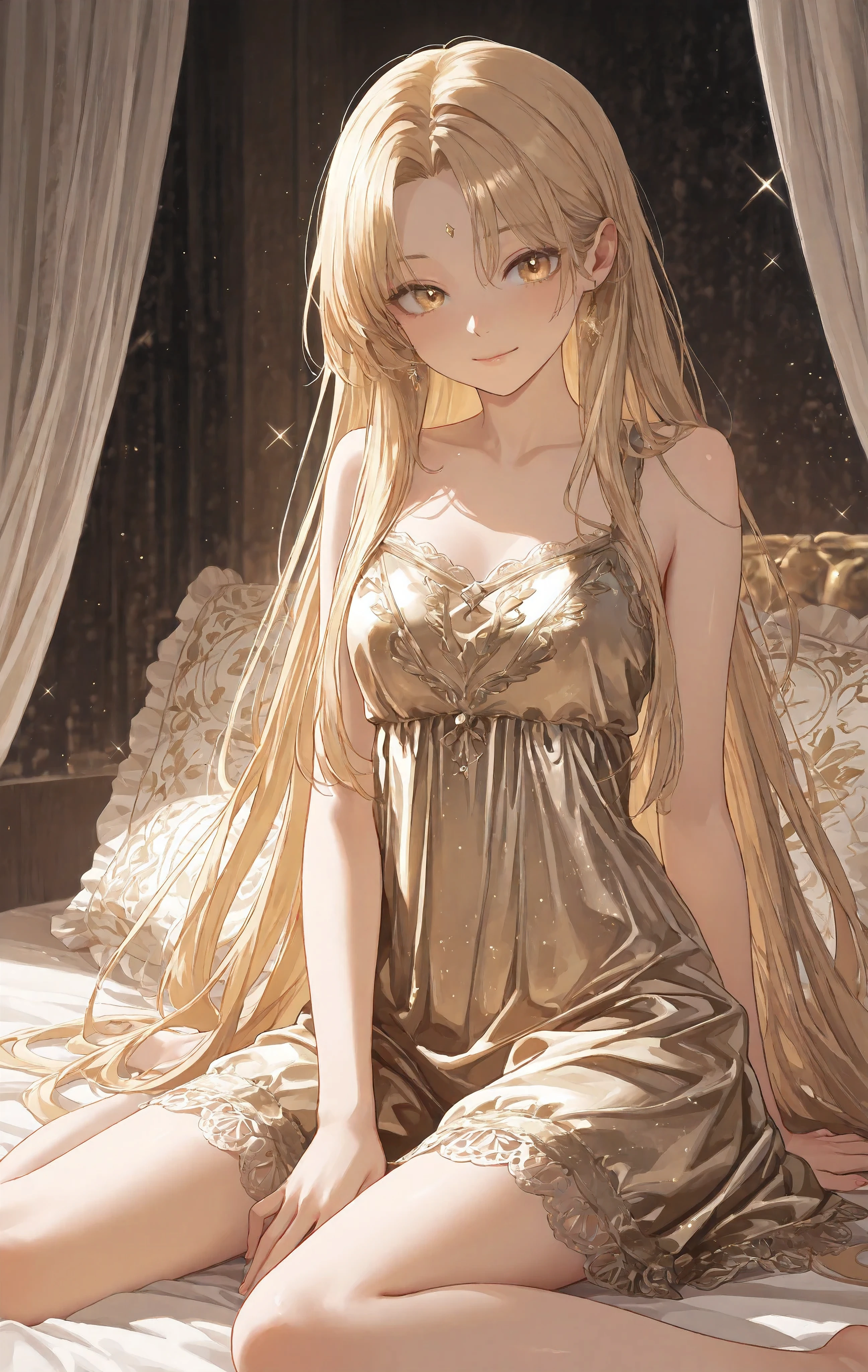 **"A high-resolution (8K) hyper-detailed digital illustration of a stunning blonde girl lying on a bed, wearing a delicate pajama set. Her long, slightly tousled golden hair cascades naturally, each strand meticulously rendered to capture texture and depth. Her striking violet eyes are rich in color and detail, reflecting a soft, intimate glow. Her facial expression is subtle yet captivating, conveying a sense of serene beauty.
The lighting is warm and atmospheric, with gentle ambient illumination creating soft shadows and highlights that enhance the realism of her smooth, well-shaded skin. The fabric of her pajamas is finely textured, draping naturally over her body, adding to the authenticity of the scene. The background is artistically composed, featuring elegant feminine details such as delicate lace curtains, soft decorative pillows, or a gentle bloom of flowers nearby, enhancing the artwork’s aesthetic and emotional depth. The overall style is refined and cinematic, blending realism with a dreamlike artistic quality."** (Wrm)