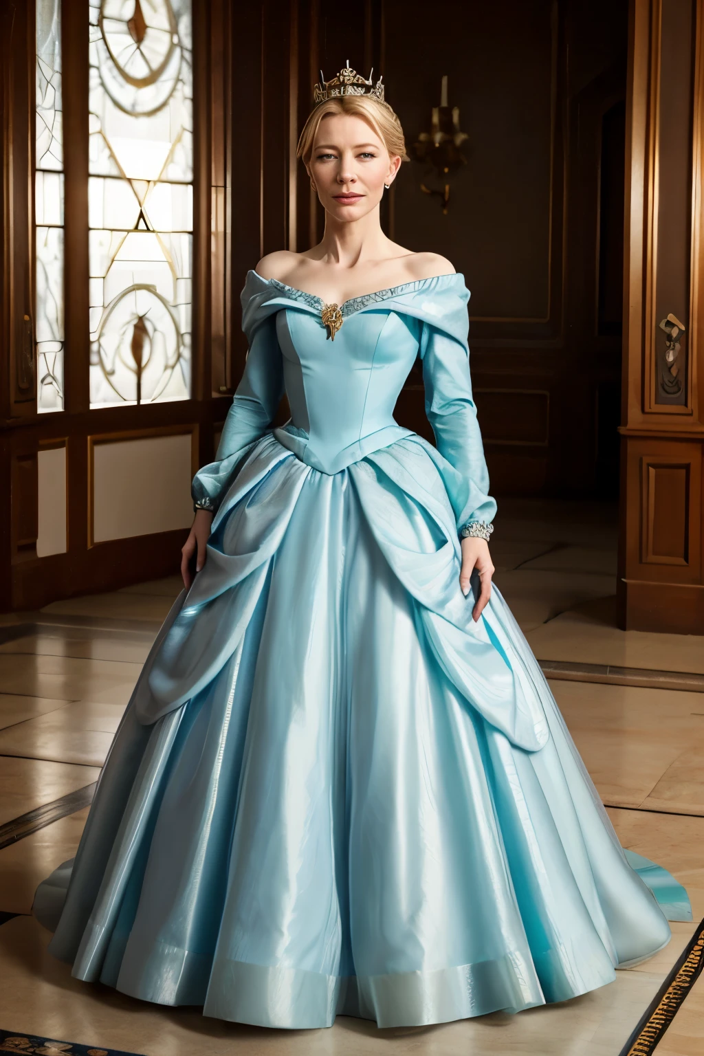 Cate Blanchett as a princess wearing an extremely poofy floor-length off-the-shoulder long-sleeved teal tulle ballgown filled with white poofy tulle petticoats beneath the skirt of her dress, full body, silver high heels, silver princess crown, star brooch on chest, standing in an outerspace castle, ultra realistic