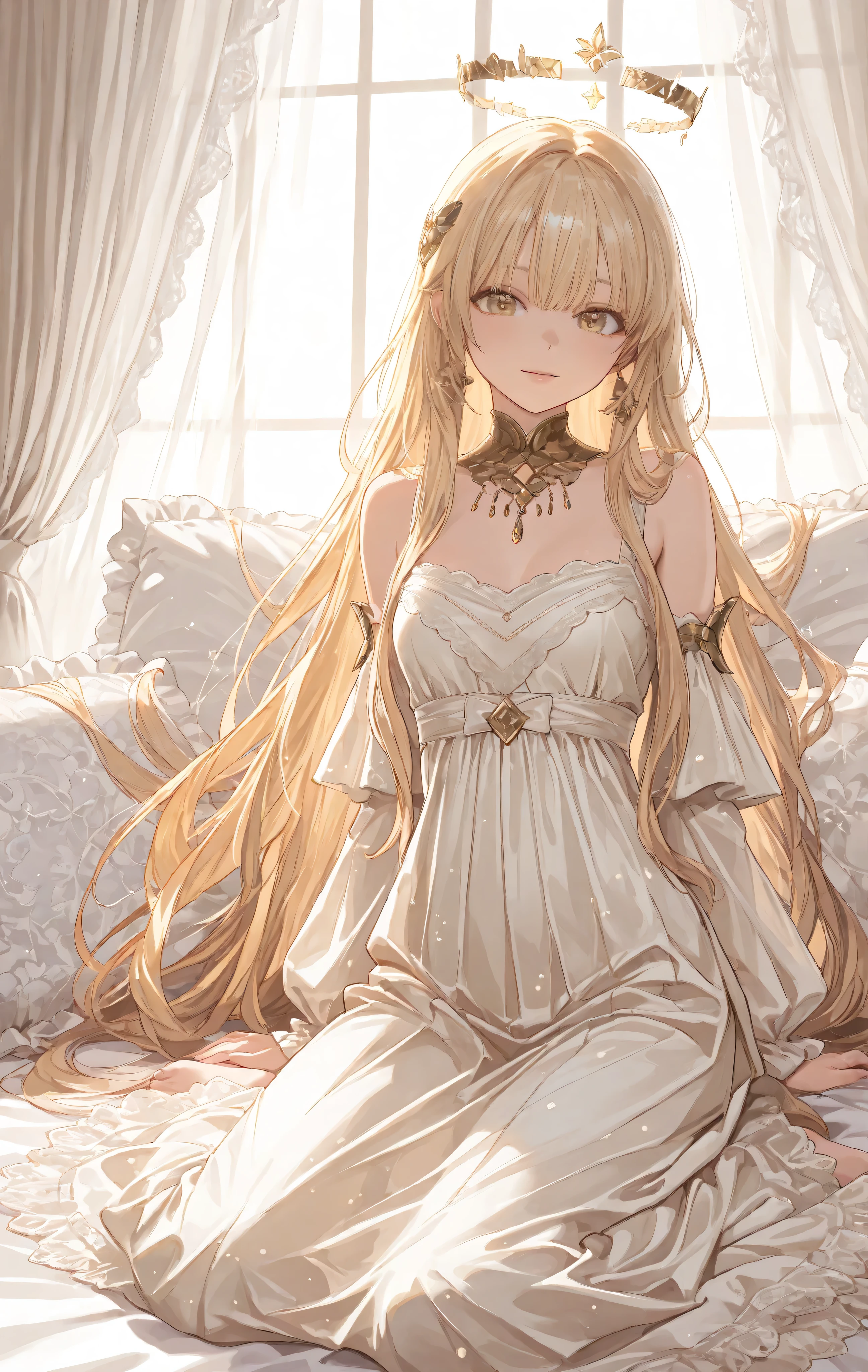 **"A high-resolution (8K) hyper-detailed digital illustration of a stunning blonde girl lying on a bed, wearing a delicate pajama set. Her long, slightly tousled golden hair cascades naturally, each strand meticulously rendered to capture texture and depth. Her striking violet eyes are rich in color and detail, reflecting a soft, intimate glow. Her facial expression is subtle yet captivating, conveying a sense of serene beauty.
The lighting is warm and atmospheric, with gentle ambient illumination creating soft shadows and highlights that enhance the realism of her smooth, well-shaded skin. The fabric of her pajamas is finely textured, draping naturally over her body, adding to the authenticity of the scene. The background is artistically composed, featuring elegant feminine details such as delicate lace curtains, soft decorative pillows, or a gentle bloom of flowers nearby, enhancing the artwork’s aesthetic and emotional depth. The overall style is refined and cinematic, blending realism with a dreamlike artistic quality."** (Wrm)