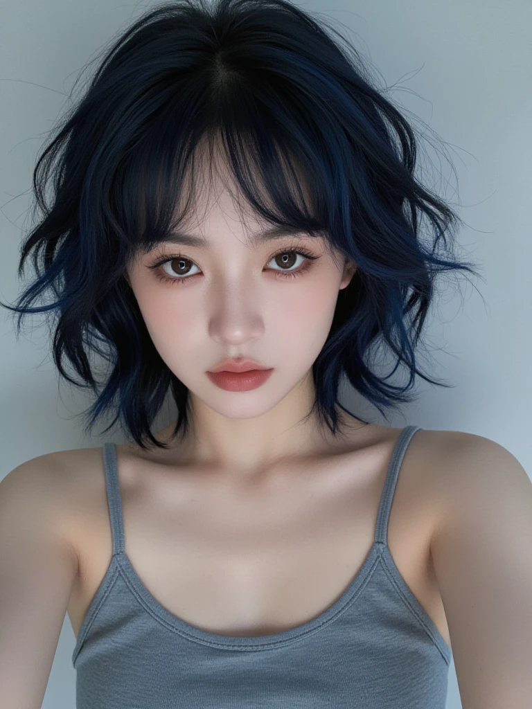 One Girl,alone, Upper Body,Show Viewer, White Background, Bobcut, short hair, Multicolored Hair, Compensate , Lips parted, Black Lips, eyeliner, Gothic, Goth Girl,(((Completely naked))),(((nsfw))),((Small breasts))
