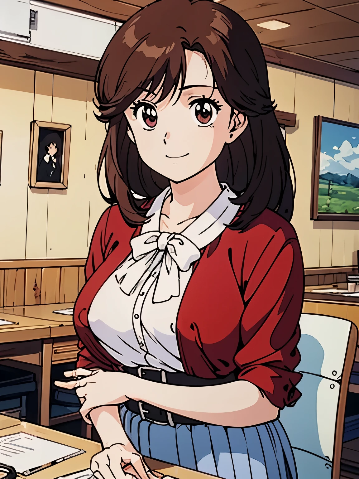 anime style)、(facial beauty:1.4)、( beauty、Big Breasts、Beautiful breasts、erect nipples)、colorful、 glowing skin、(masterpiece:1.5)、(High Resolution)、(Highest quality)、(超High Resolution)、 break、full body、 is standing、 Ring on the ring finger of the left hand 、necklaces、 Hair、semi-long hair、Kurita Yuko、 break、 break、white pleated skirt、 seductive thighs、white squishy short sleeve blouse with red bow tie、 white ribbon、Skirt belt、 shoulder bag、 break、smile、Outdoor nature-rich park 、