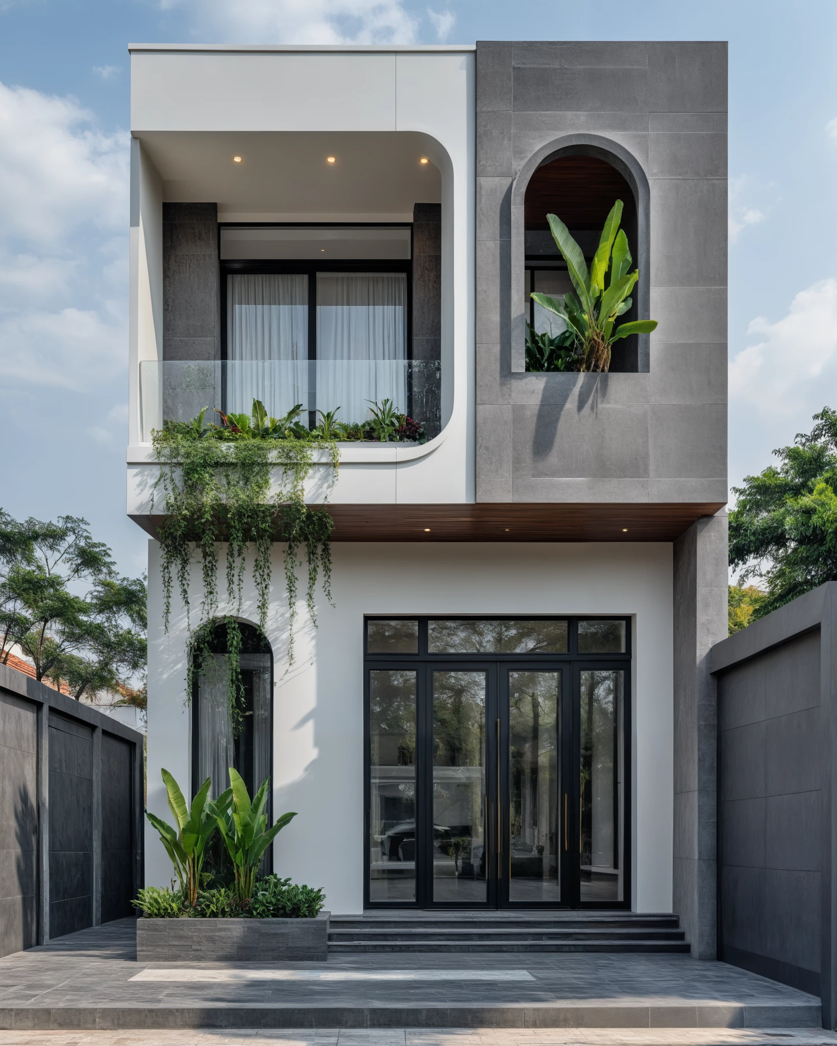 (masterpiece:1.2), best quality, photo of A two-story modern house with white walls and dark tiles on the roof, tree and plant, streetcapes, natural light, The exterior of an elegant single family home features large windows, a dark gray door frame.