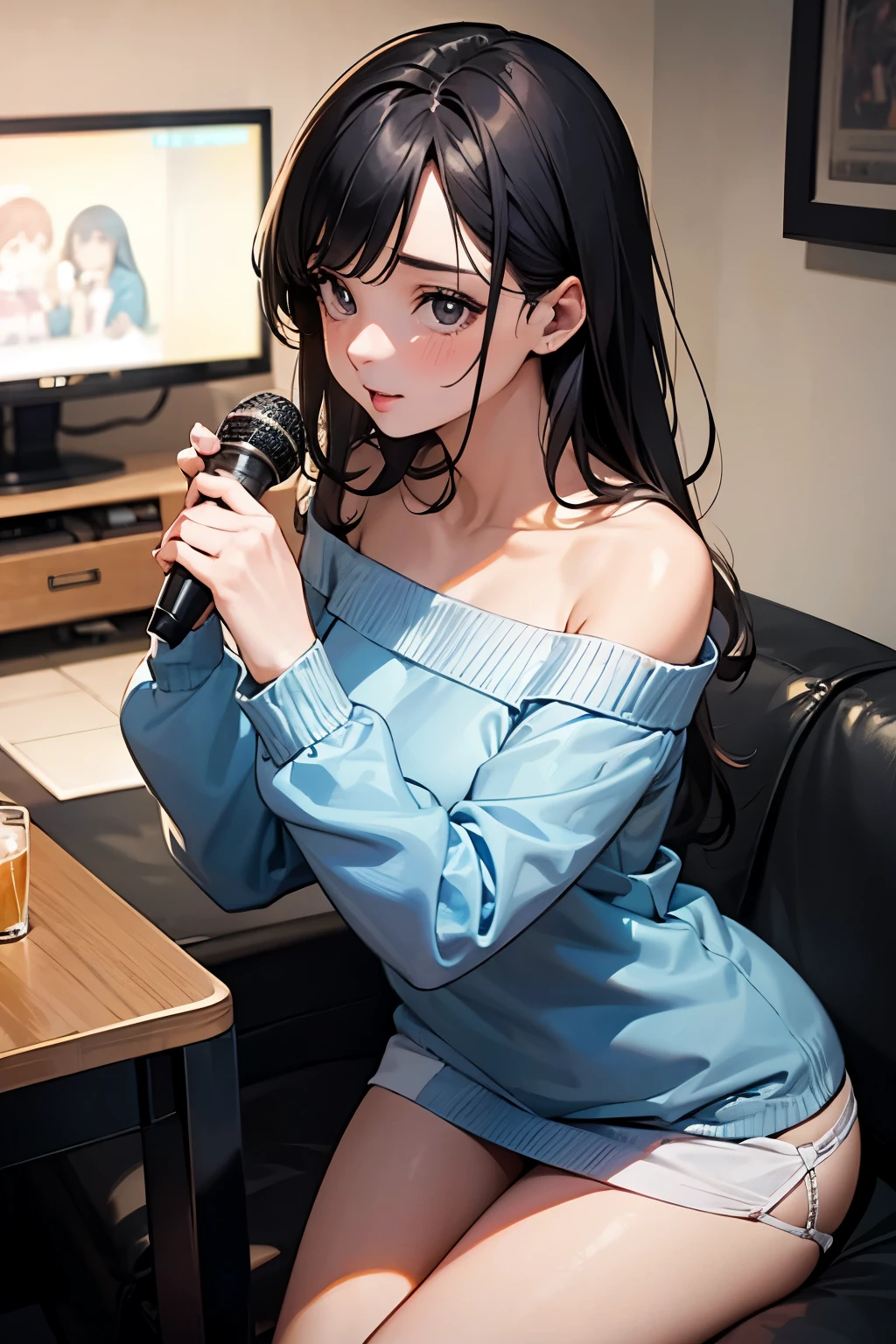 woman around 36, mature, bewitching atmosphere, black hair, in a karaoke room, off-shoulder sweater, Put your hands on the sofa and push up your butt, white panty long hair, Not Lori like, light blue sweater,