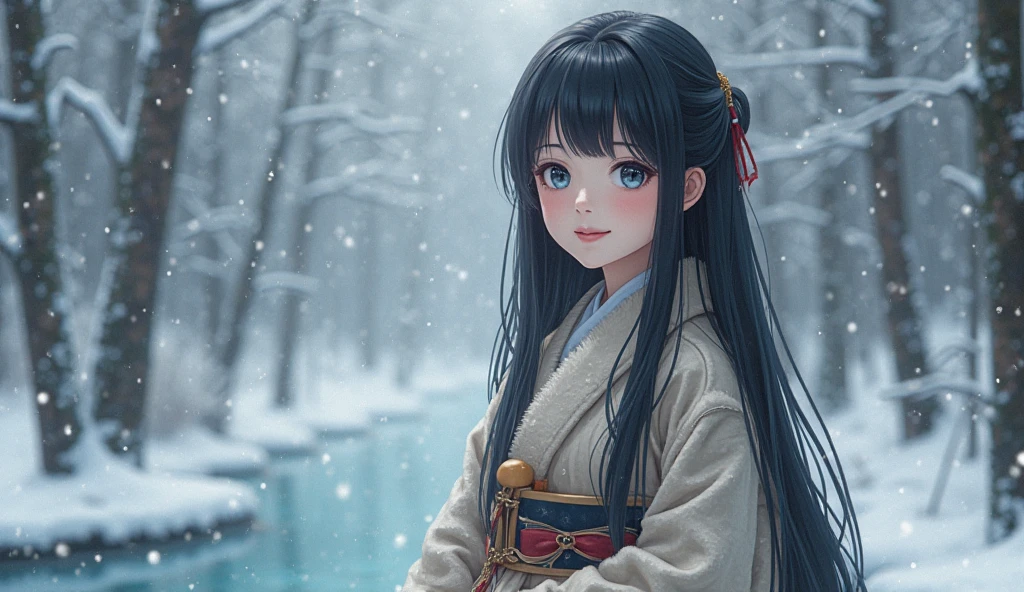Masterpiece, Real, ((Snow Woman)))), (((Snow Woman in Old Tales)))), ((Without horns: 1.8)))), (Japan white kimono with long sleeves fluttering and looking at the viewer with narrowed eyes while showing love and anger)), (Ultra-long black hair with a snowflake horn hair ornament and snowman earrings), 20 years old, (((Plains in a blizzard blowing from behind)))