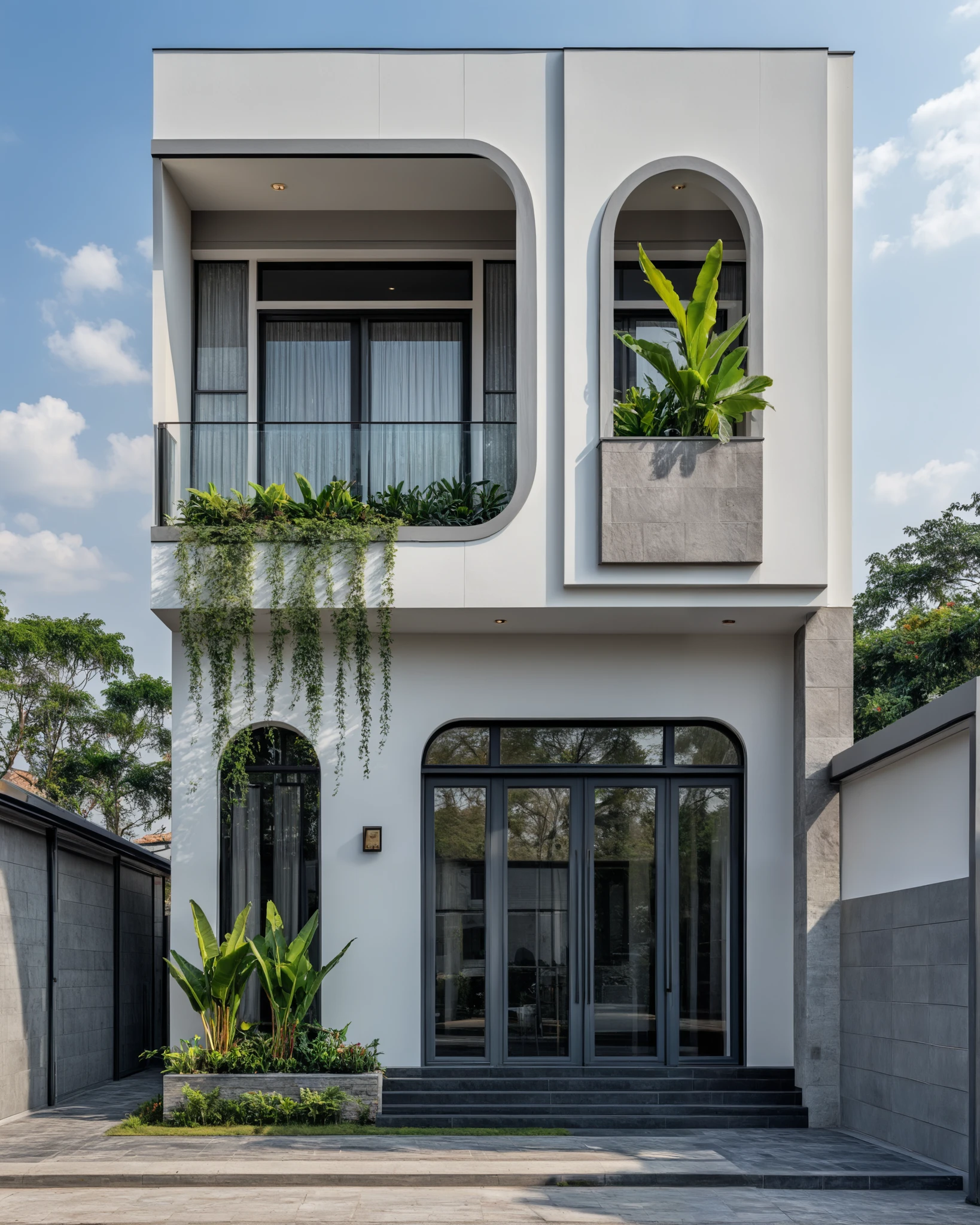 (masterpiece:1.2), best quality, photo of A two-story modern house with white walls and dark tiles on the roof, tree and plant, streetcapes, natural light, The exterior of an elegant single family home features large windows, a dark gray door frame.