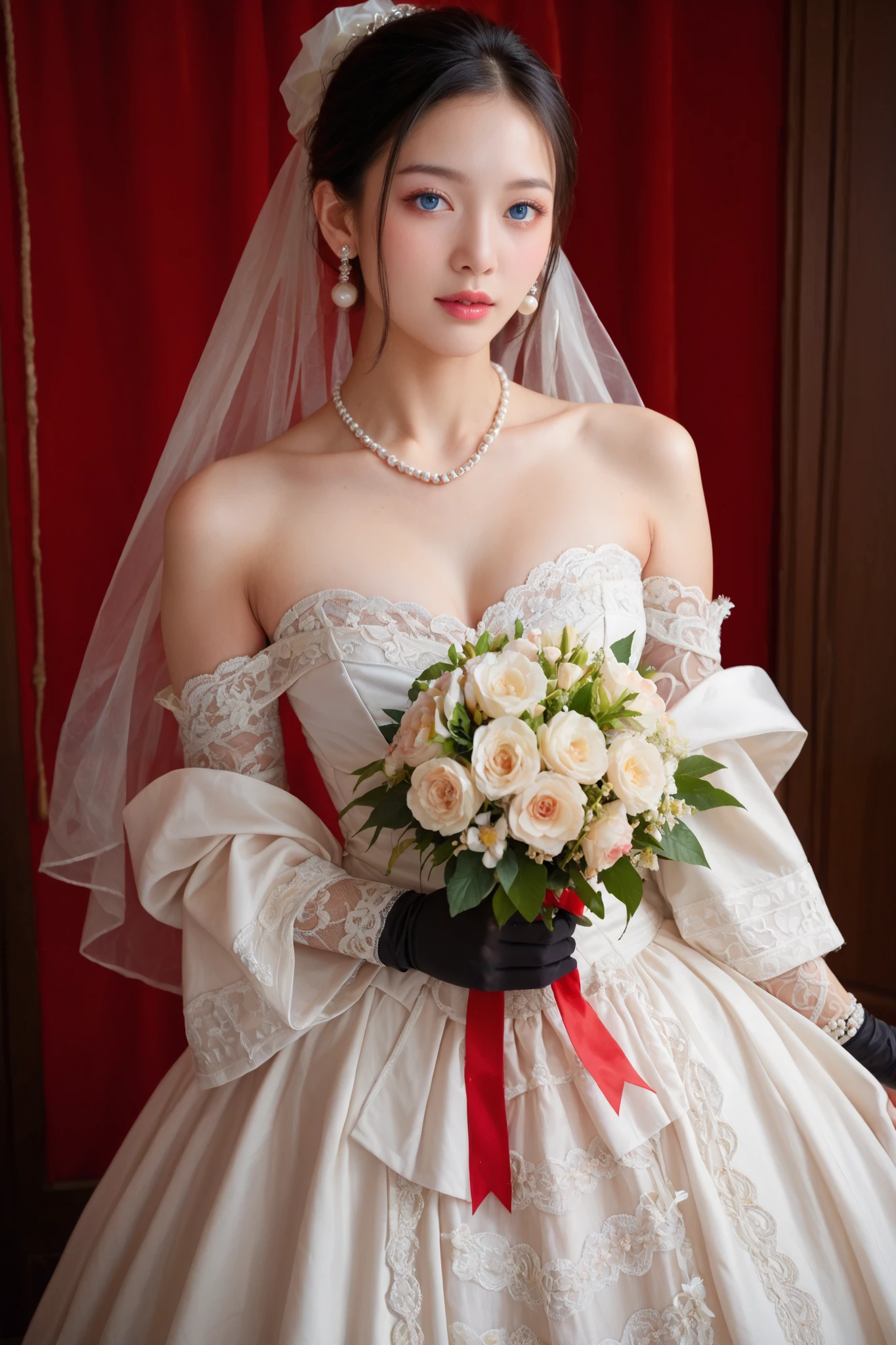 score_9, score_8_up, score_7_up, score_6_up, 1girl, 1007 Chinese wedding dress, lots of frills, off the shoulder dress, round breasts, black hair up in a neat bun, lacy black gloves, black heels, holding a bouquet of flowers, blue eyes, crystal earrings, light makeup, pearl necklace.เดินในสวนดอกไม้.มุมมองเต็มตัวจากด้านข้าง 45 องศา.