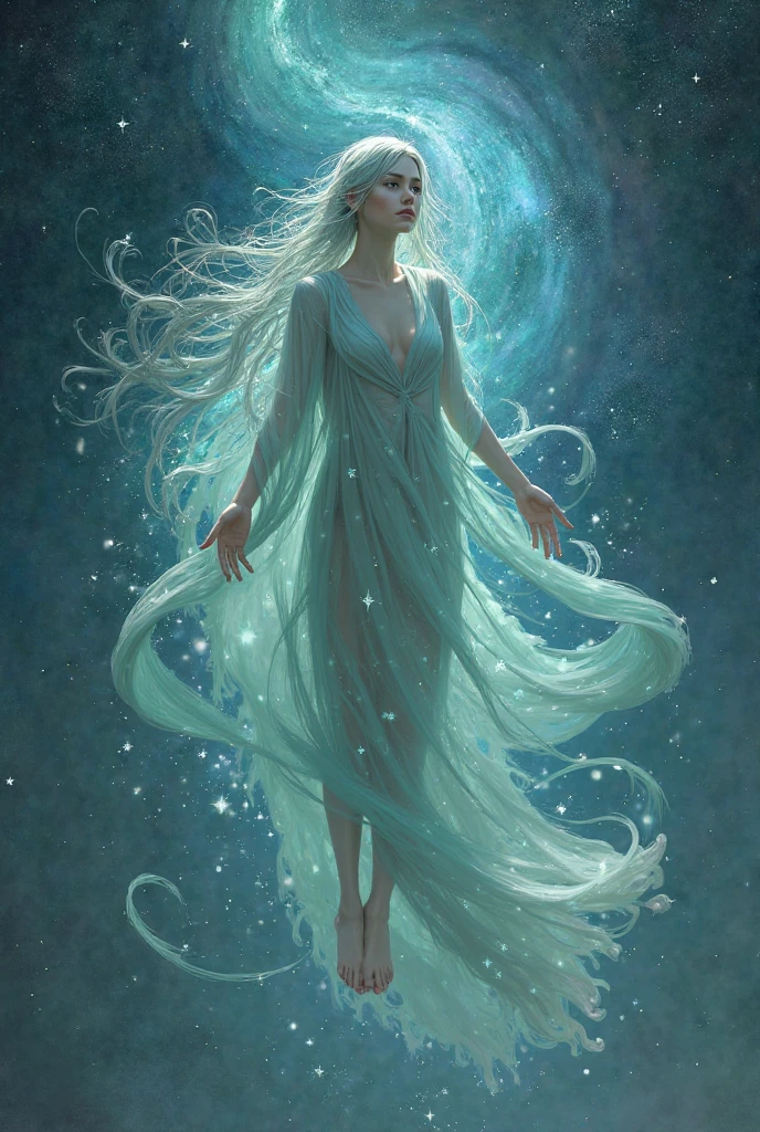 a woman in a long dress is standing in a swirling vortex, digital art inspired by tomasz alen kopera, tumblr, fantasy art, astral ethereal, flowing magical robe, channeling swirling energy, astral appearance, wearing flowing robes, portal to the ethereal realm, ethereal and otherworldly, strange ethereal being, flowing robes, swirling magical energy